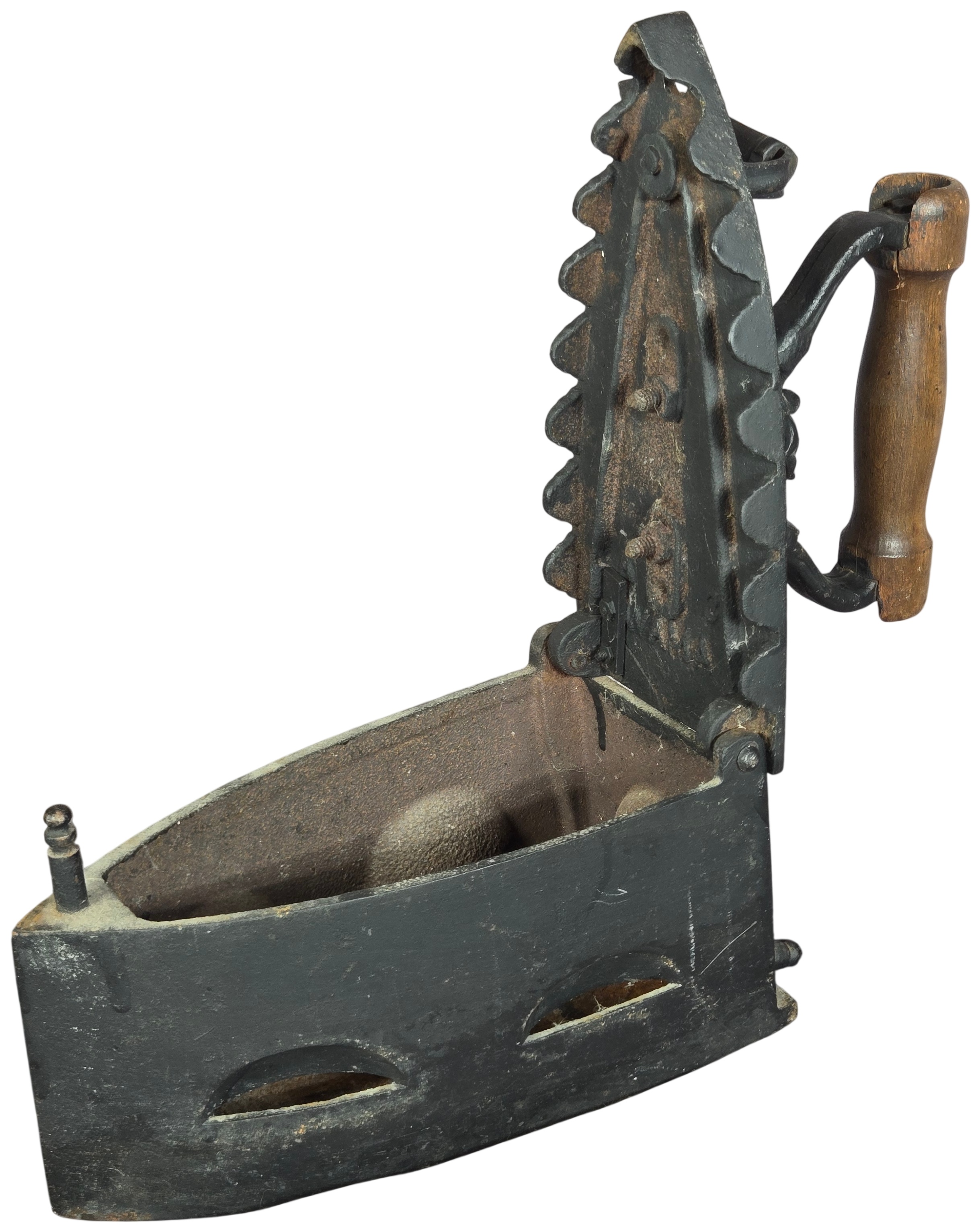 European Charcoal Heated Cast Iron Flatiron with Gargoyle Handle Support