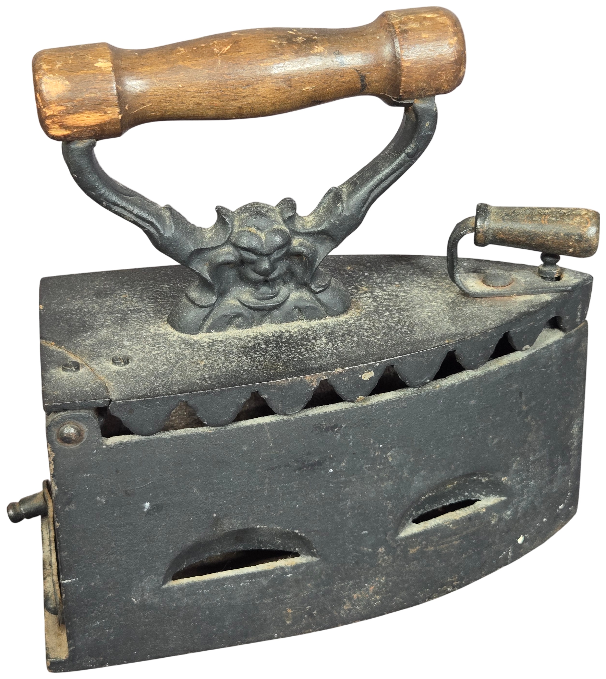 European Charcoal Heated Cast Iron Flatiron with Gargoyle Handle Support
