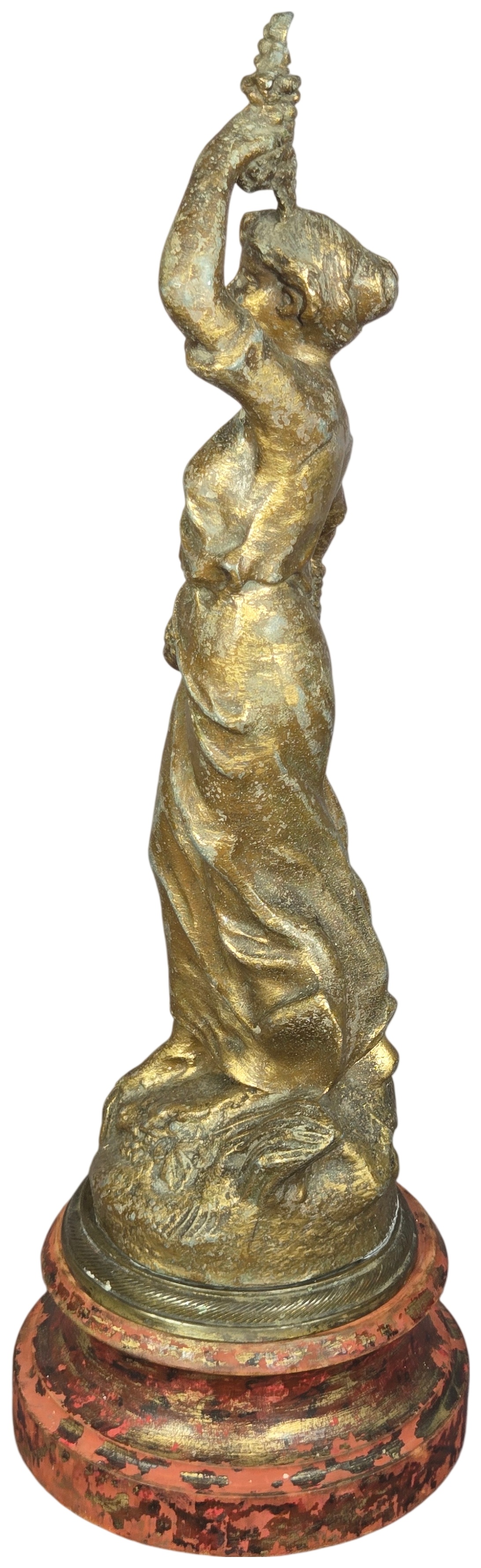 French Art Nouveau Gilded Spelter Figural Clock Topper on Award Base Dated 1907