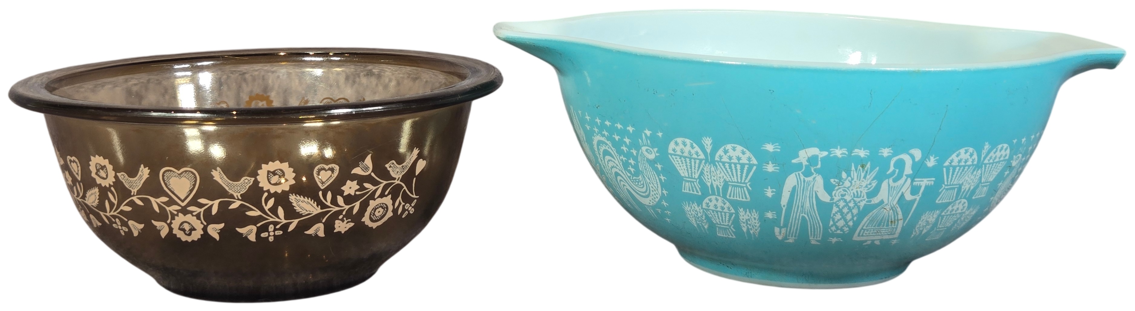 Two Vintage American Glass Mixing Bowls featuring Pyrex Butterprint and Corning Patterns