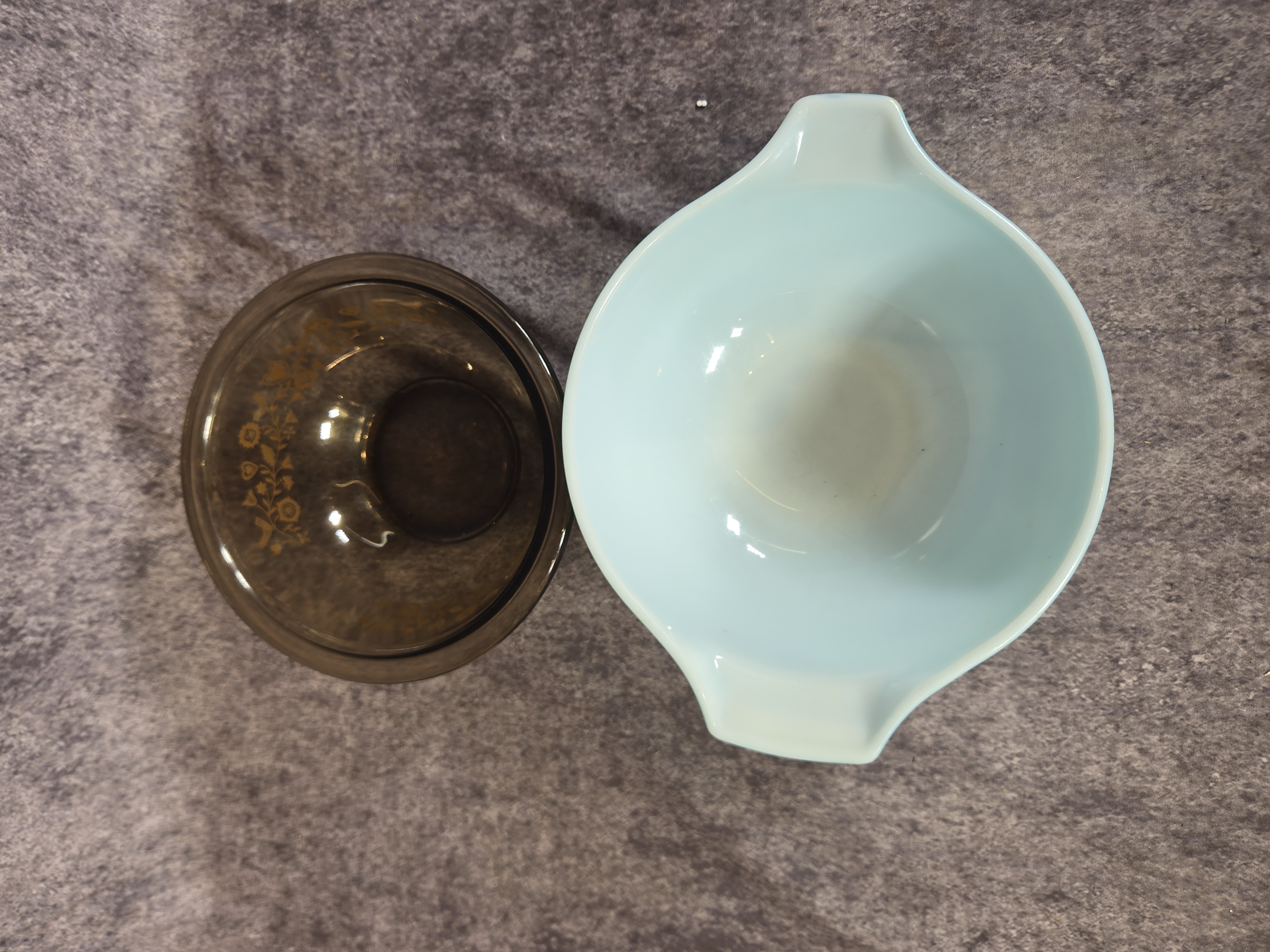 Two Vintage American Glass Mixing Bowls featuring Pyrex Butterprint and Corning Patterns