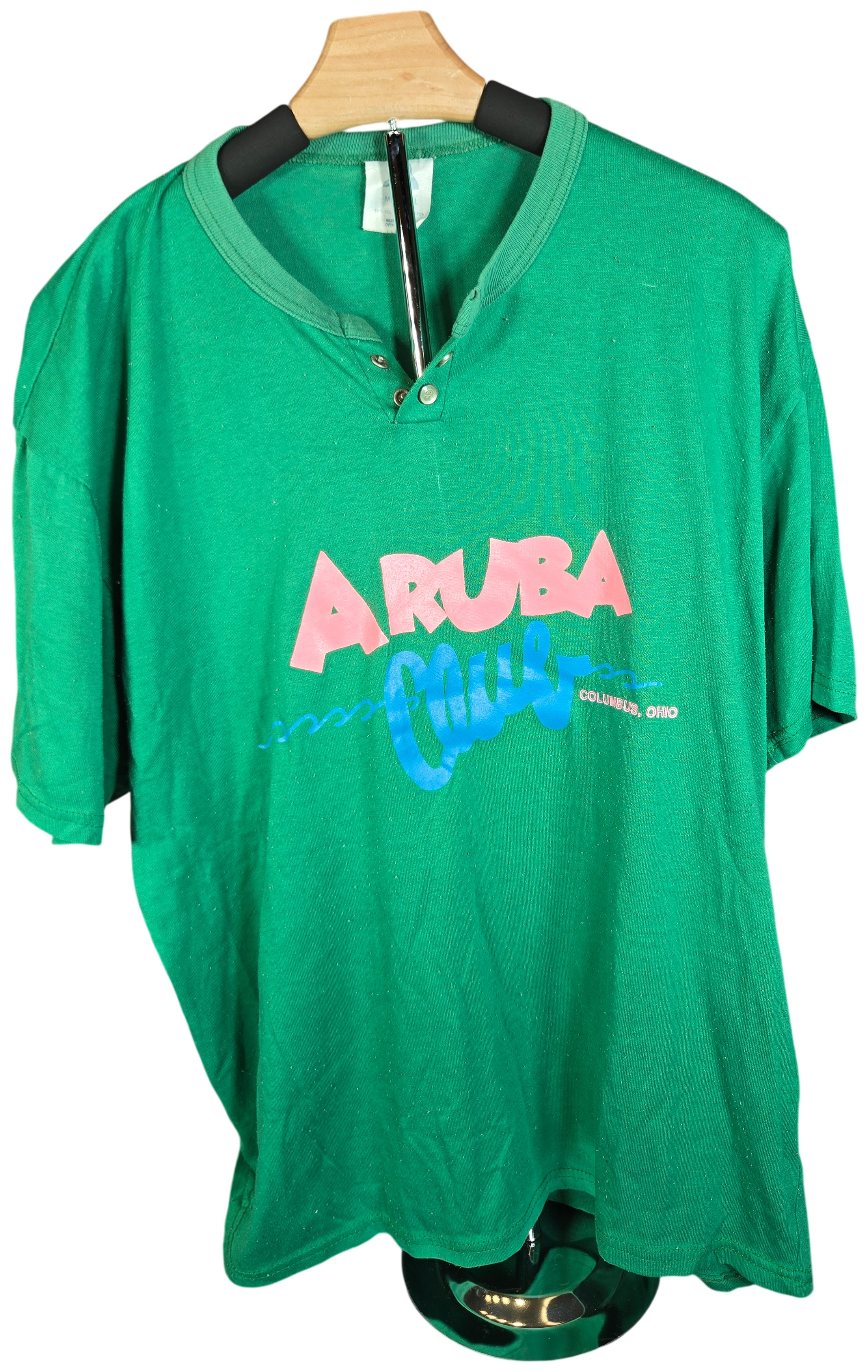 A 1980s Cotton Blend Henley T-Shirt with Aruba Graphic