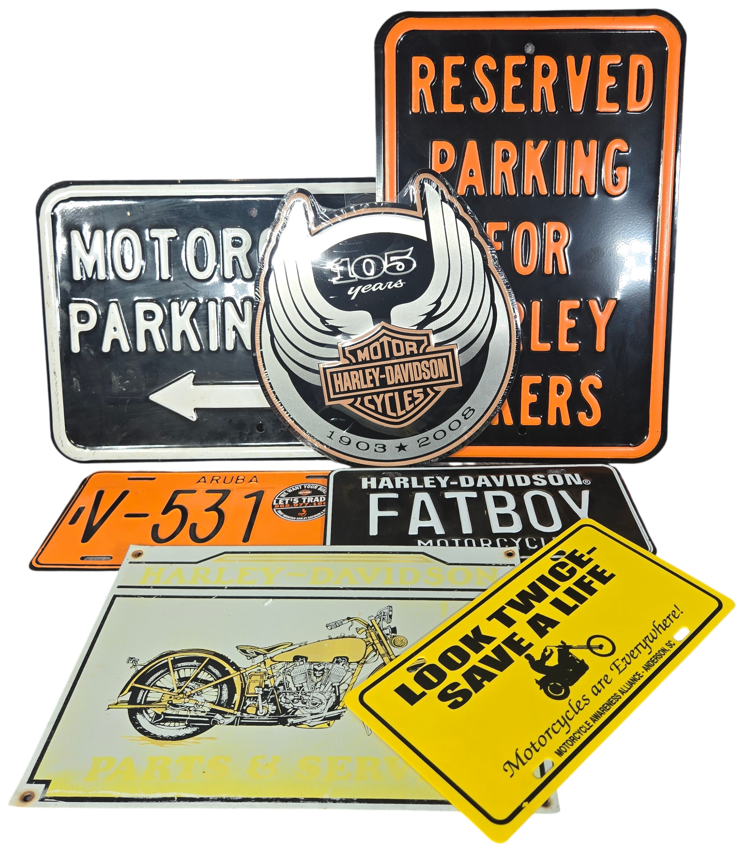 Seven Harley-Davidson and Motorcycle Themed Signs and License Plates
