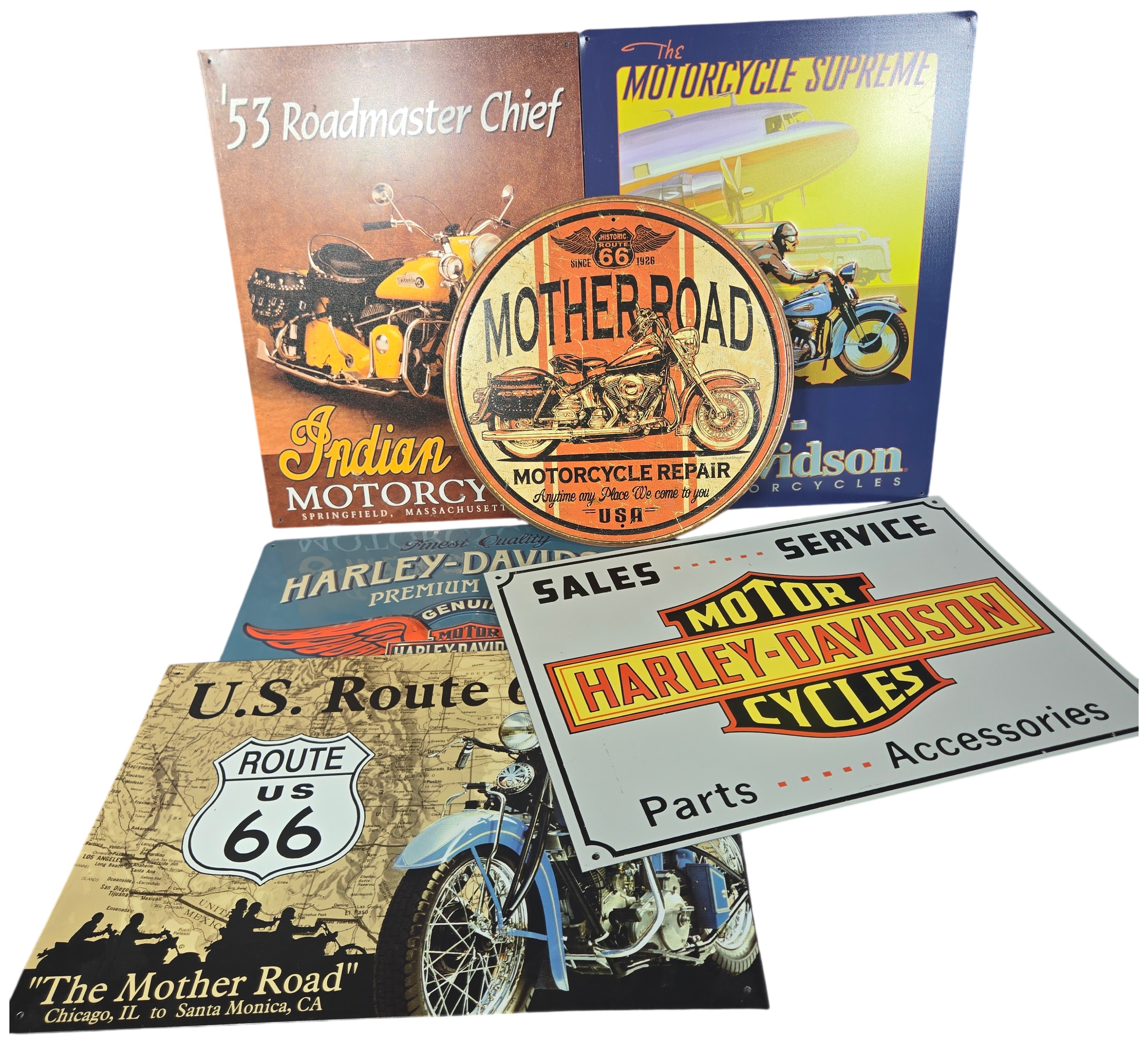 Six Contemporary Harley-Davidson and Indian Motorcycle Themed Metal Signs