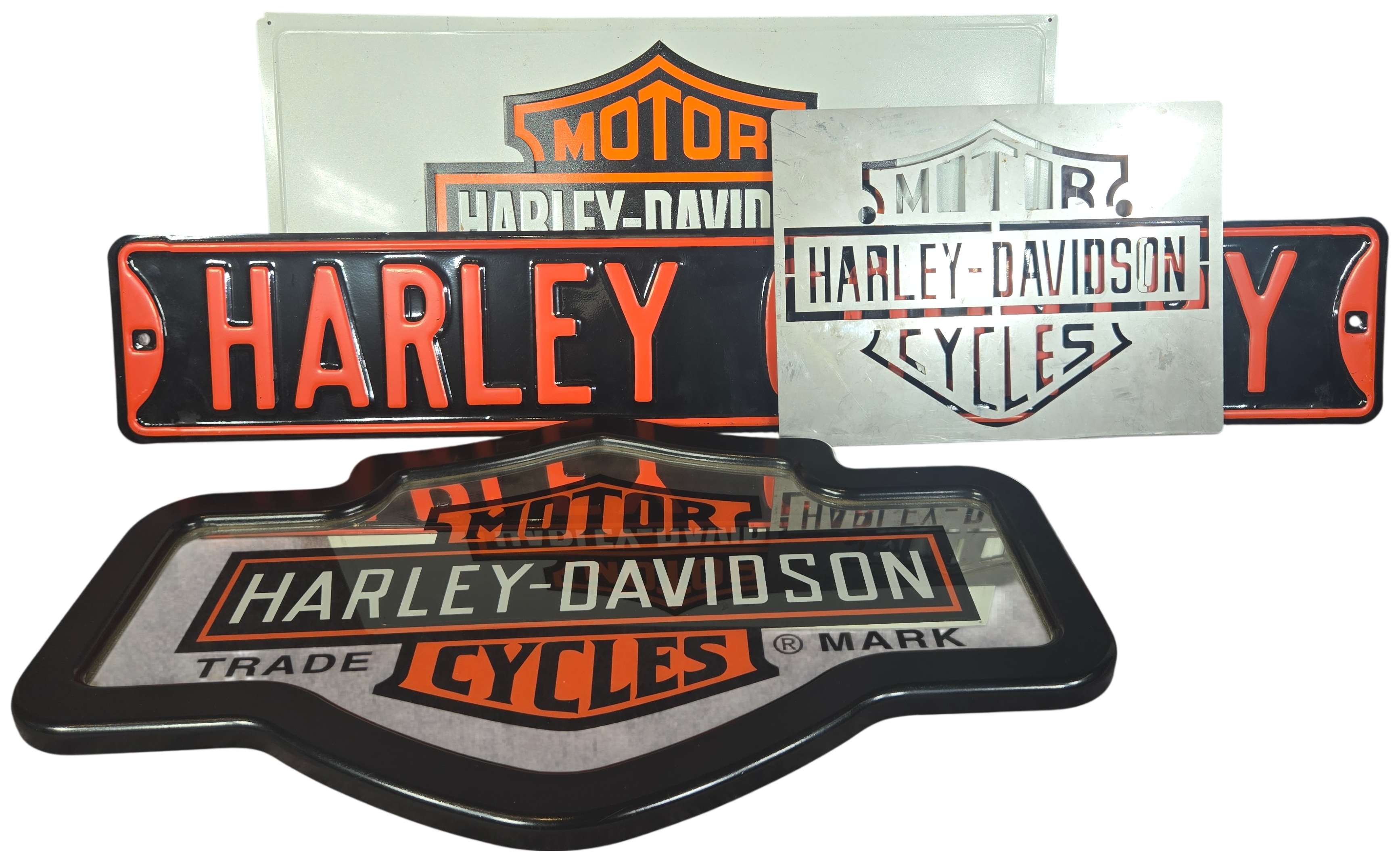 Four Harley-Davidson Branded Decorative Metal Signs and Bar and Shield Mirror