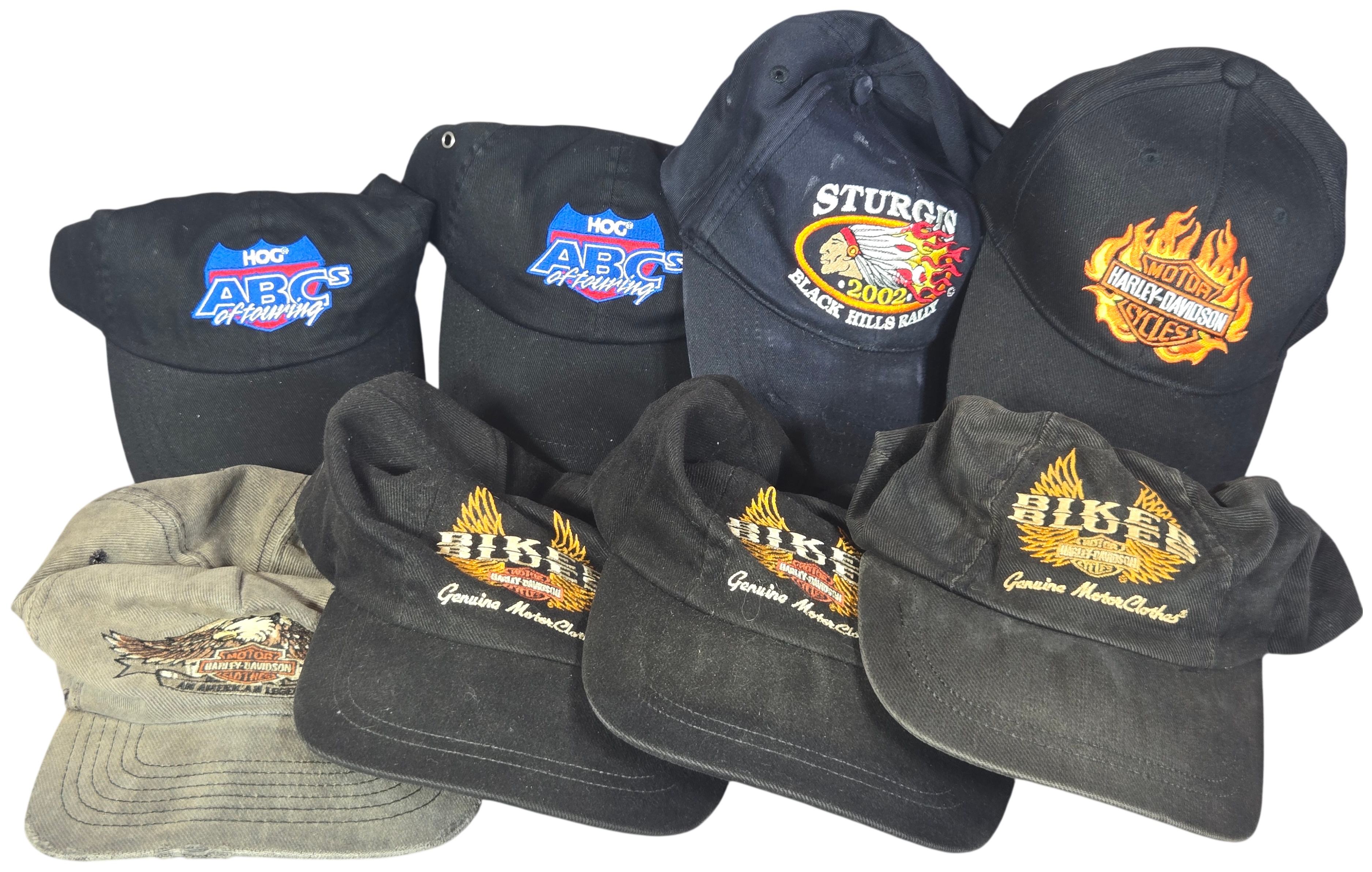 Eight Harley-Davidson and Motorcycle Rally Themed Fabric Baseball Caps