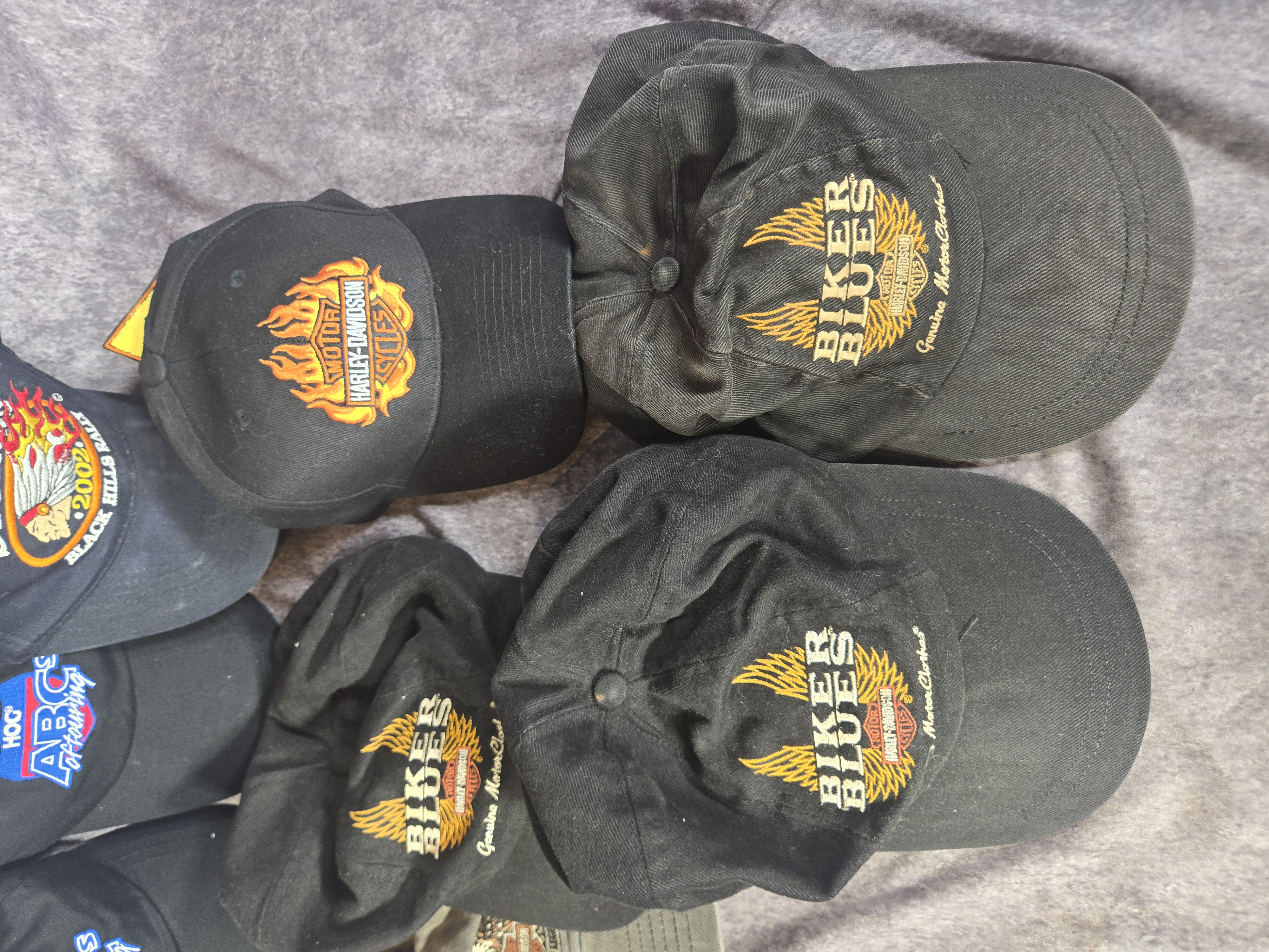 Eight Harley-Davidson and Motorcycle Rally Themed Fabric Baseball Caps