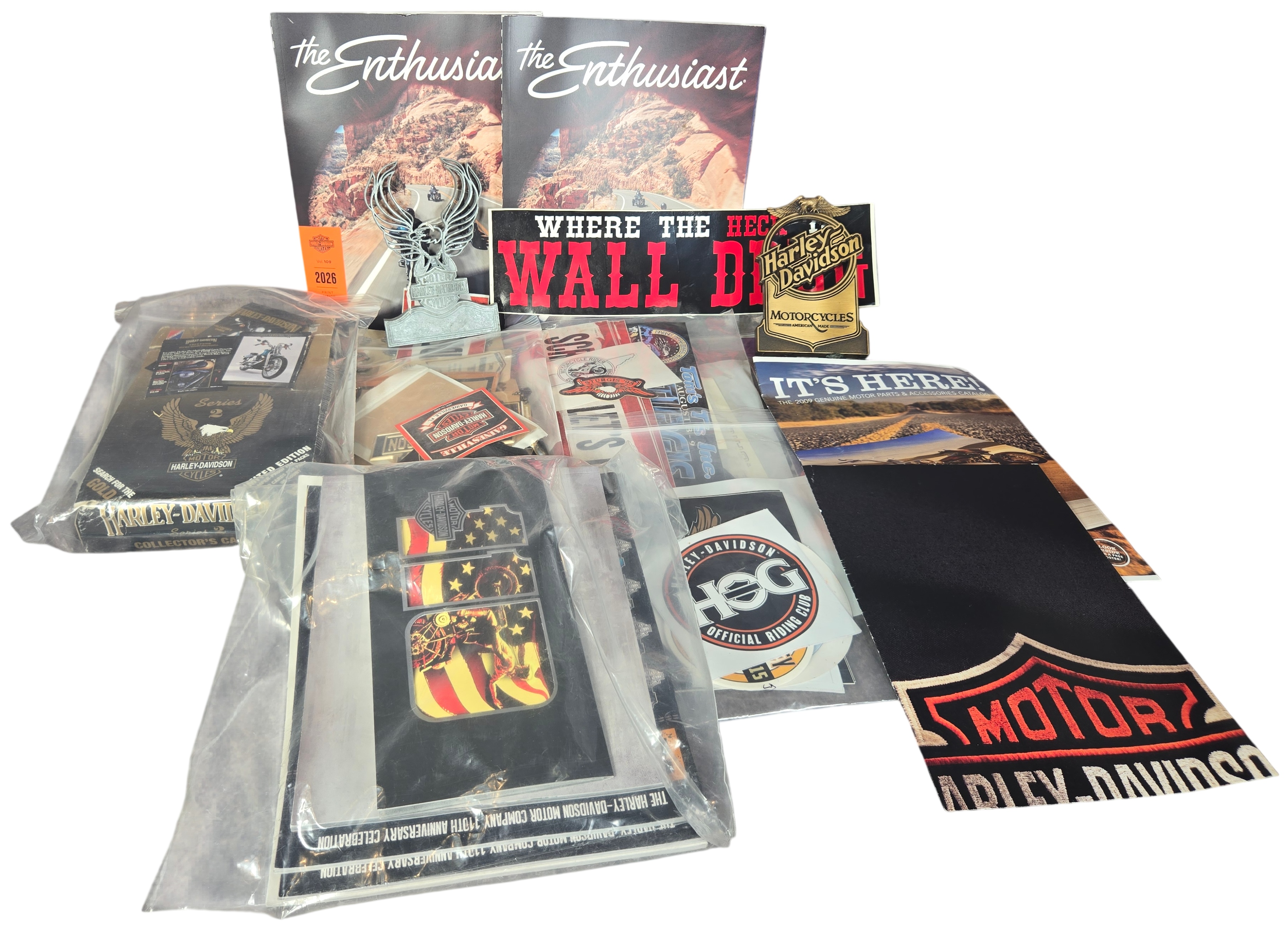 Harley-Davidson Collectibles featuring Unopened Collector Cards, Banner, and Dealership Decals