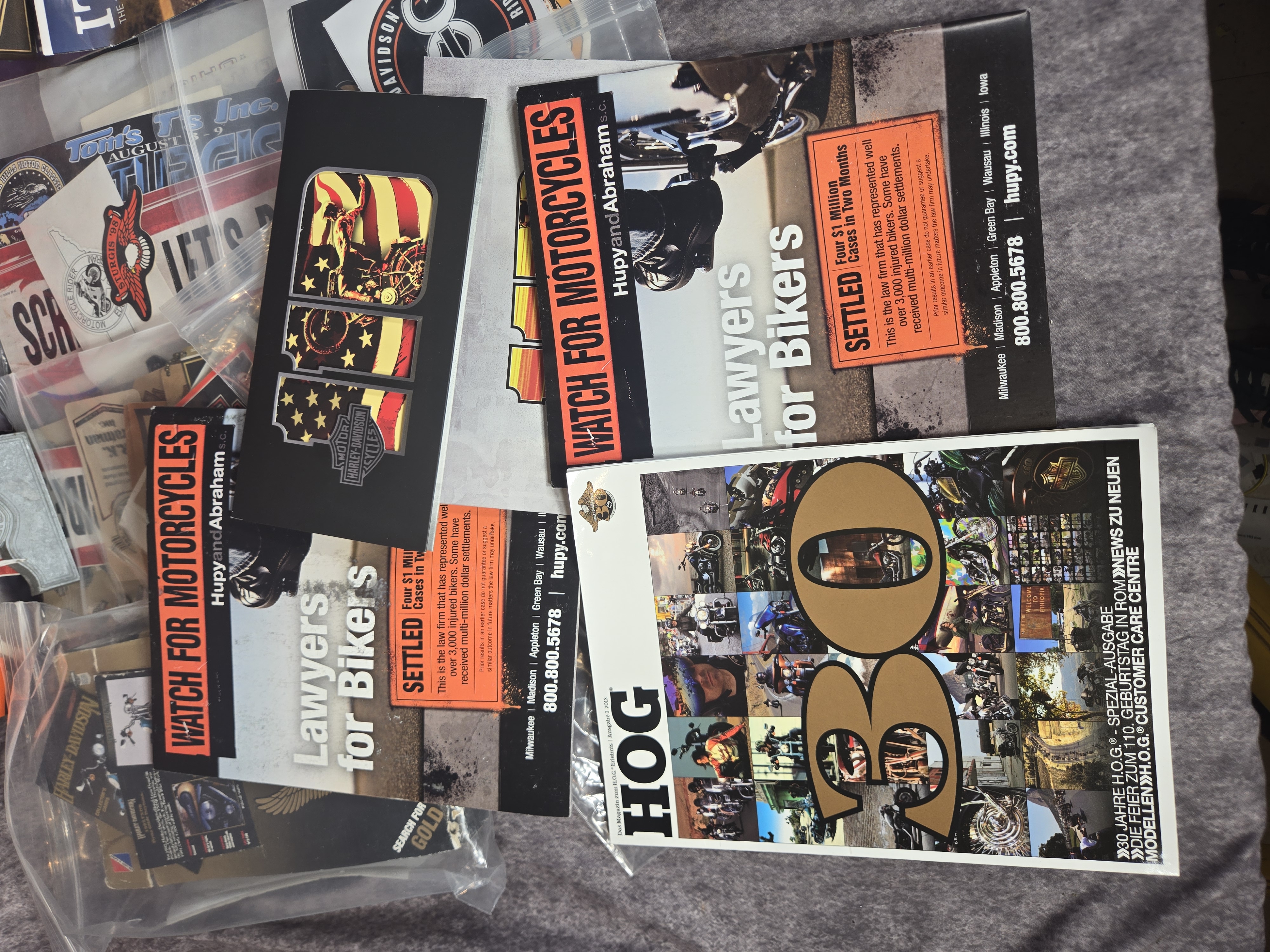 Harley-Davidson Collectibles featuring Unopened Collector Cards, Banner, and Dealership Decals