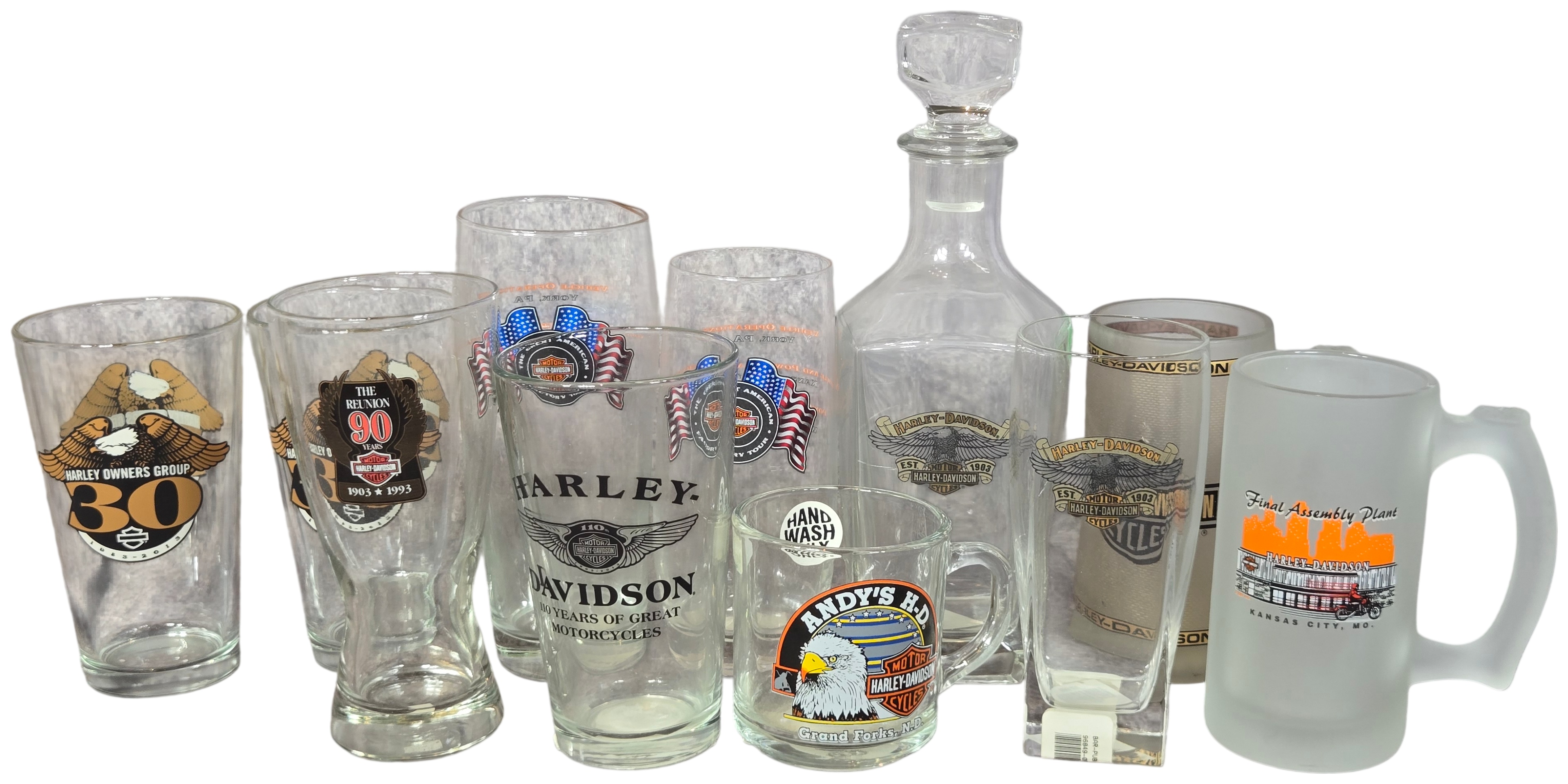 Twelve Harley-Davidson Commemorative and Dealership Barware Items