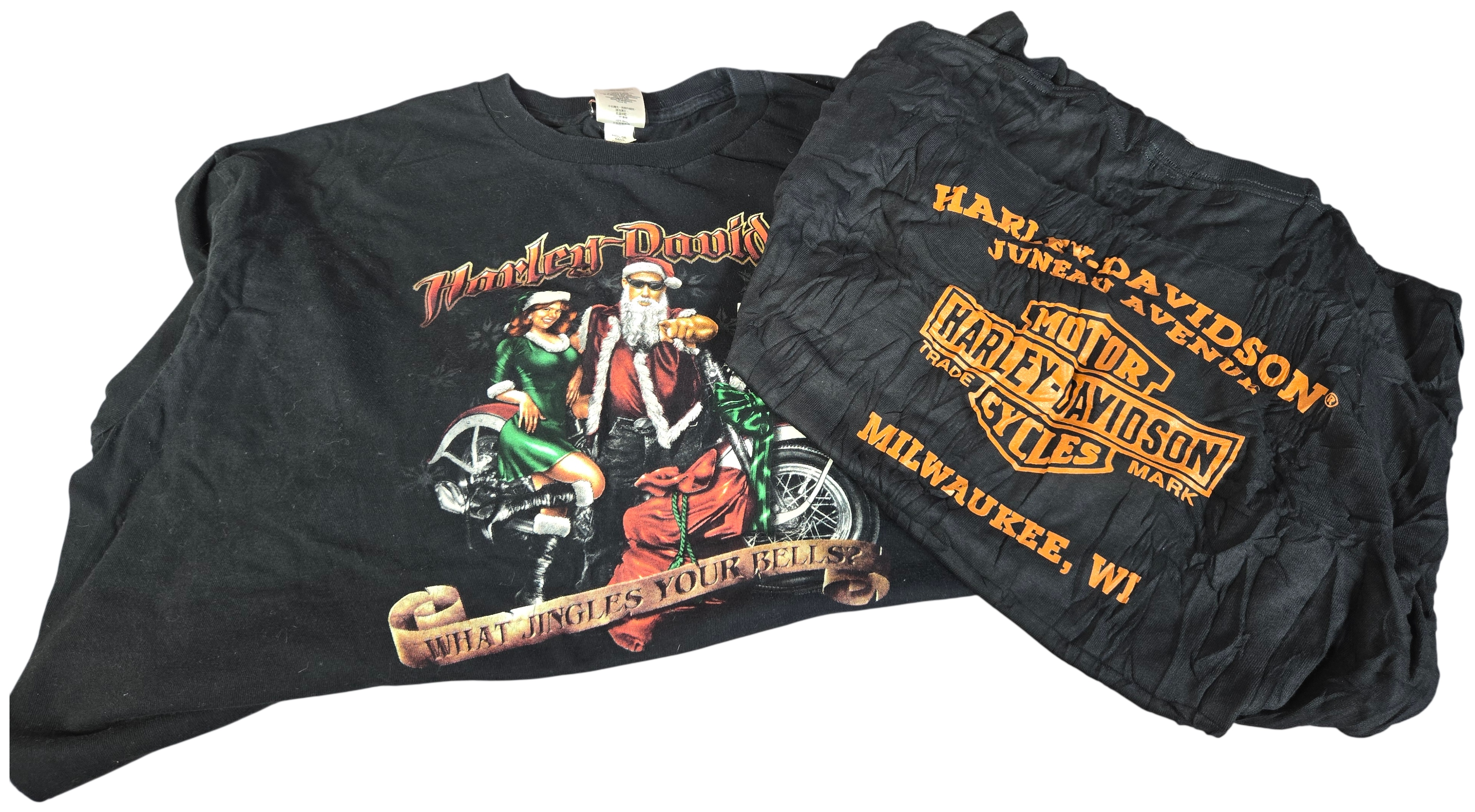 Two Harley-Davidson T-Shirts with 110th Anniversary and What Jingles Your Bells Graphics