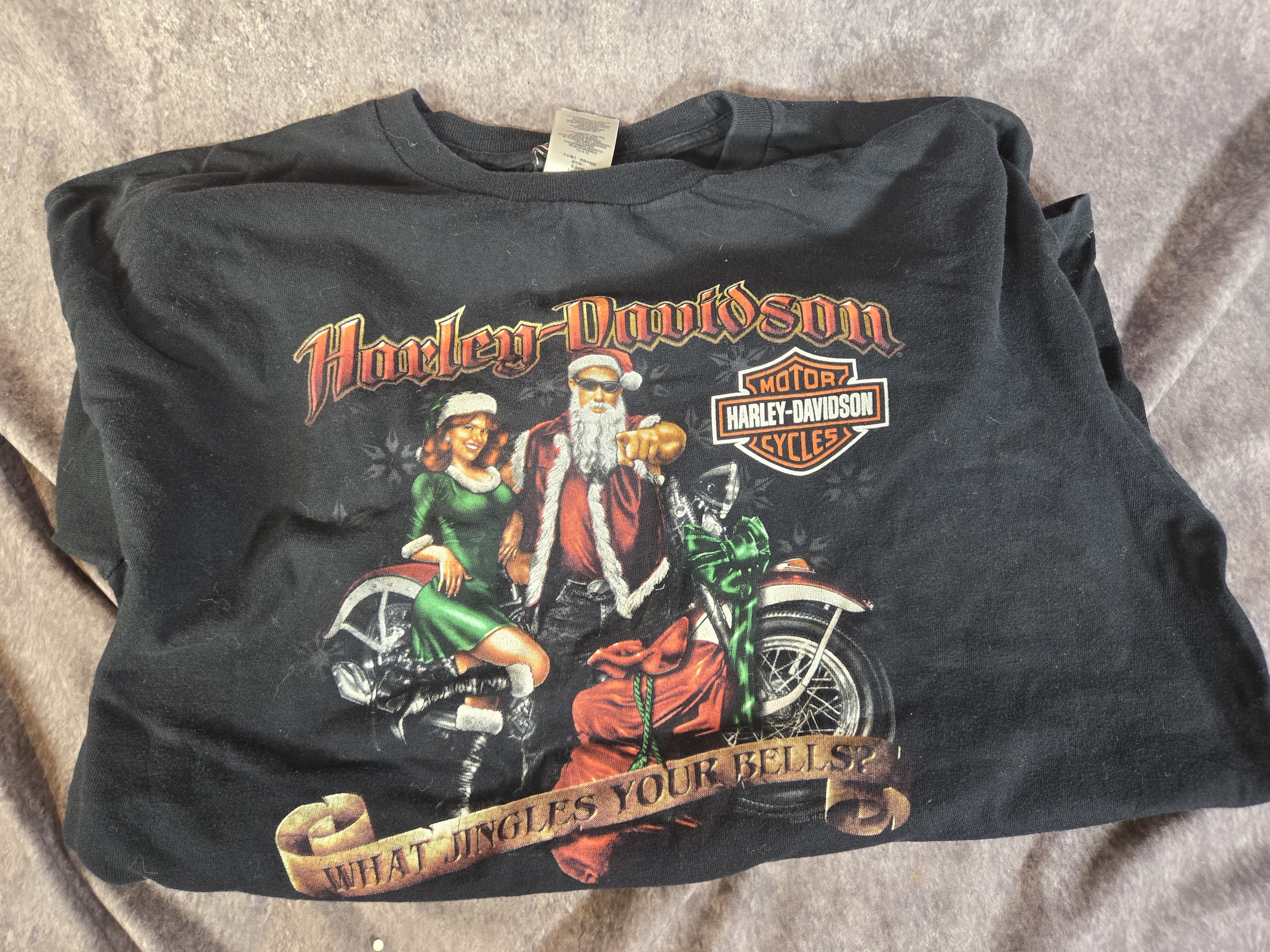 Two Harley-Davidson T-Shirts with 110th Anniversary and What Jingles Your Bells Graphics