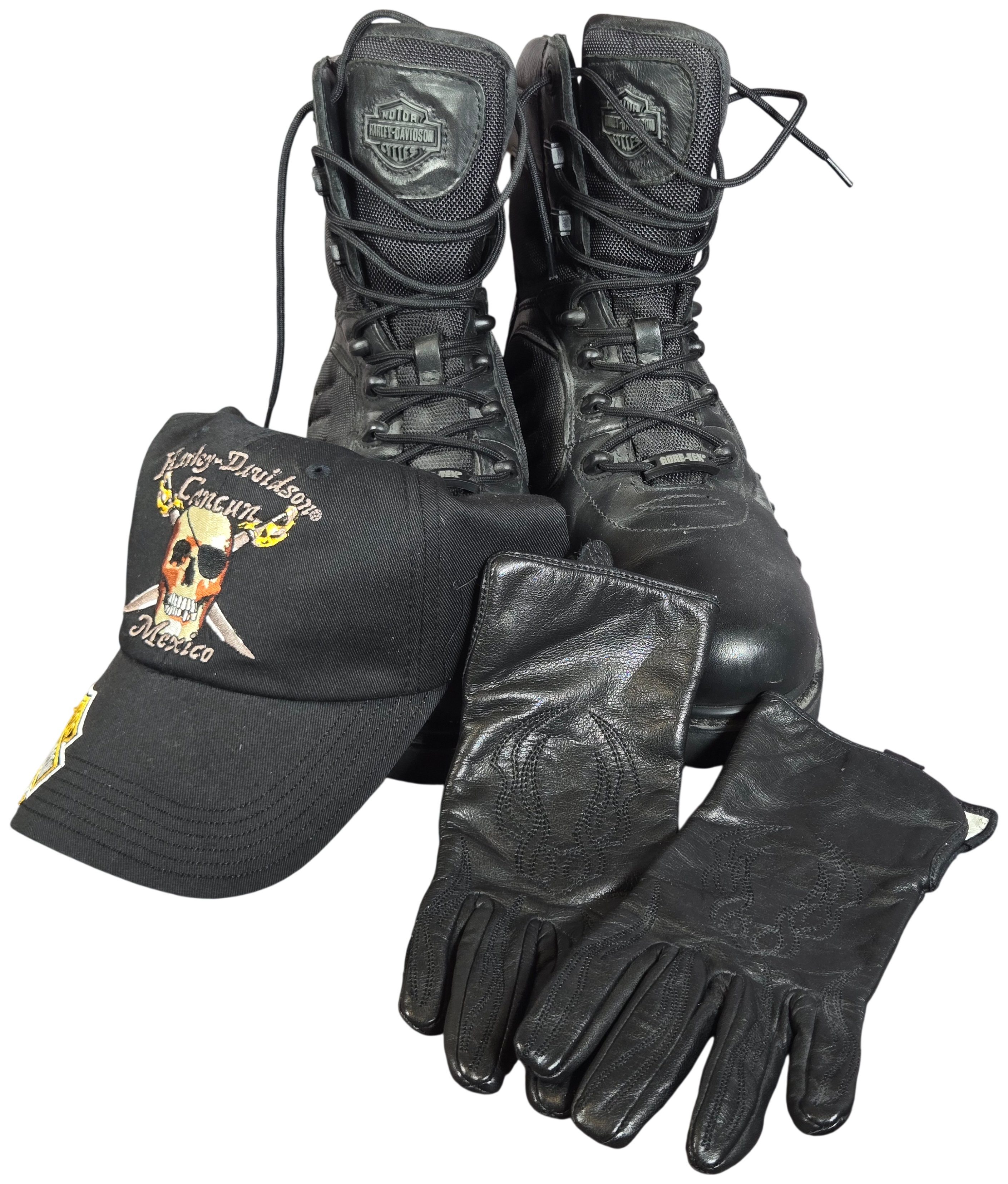A Group of Harley-Davidson Branded Leather Boots and Apparel