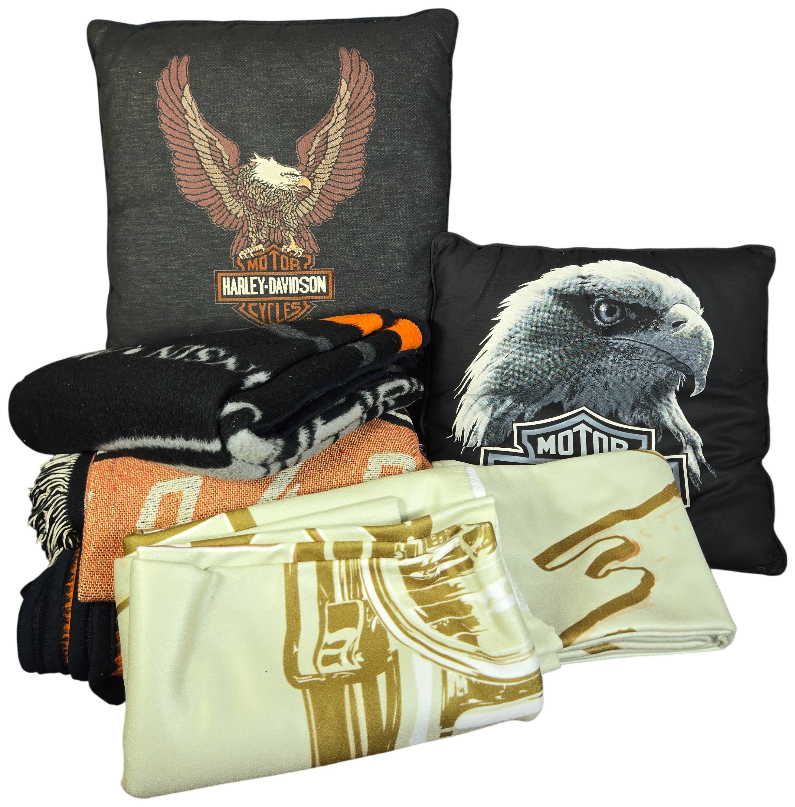 Six Licensed Harley-Davidson Textile Items including Biederlack Blankets and Holoubek Pillows