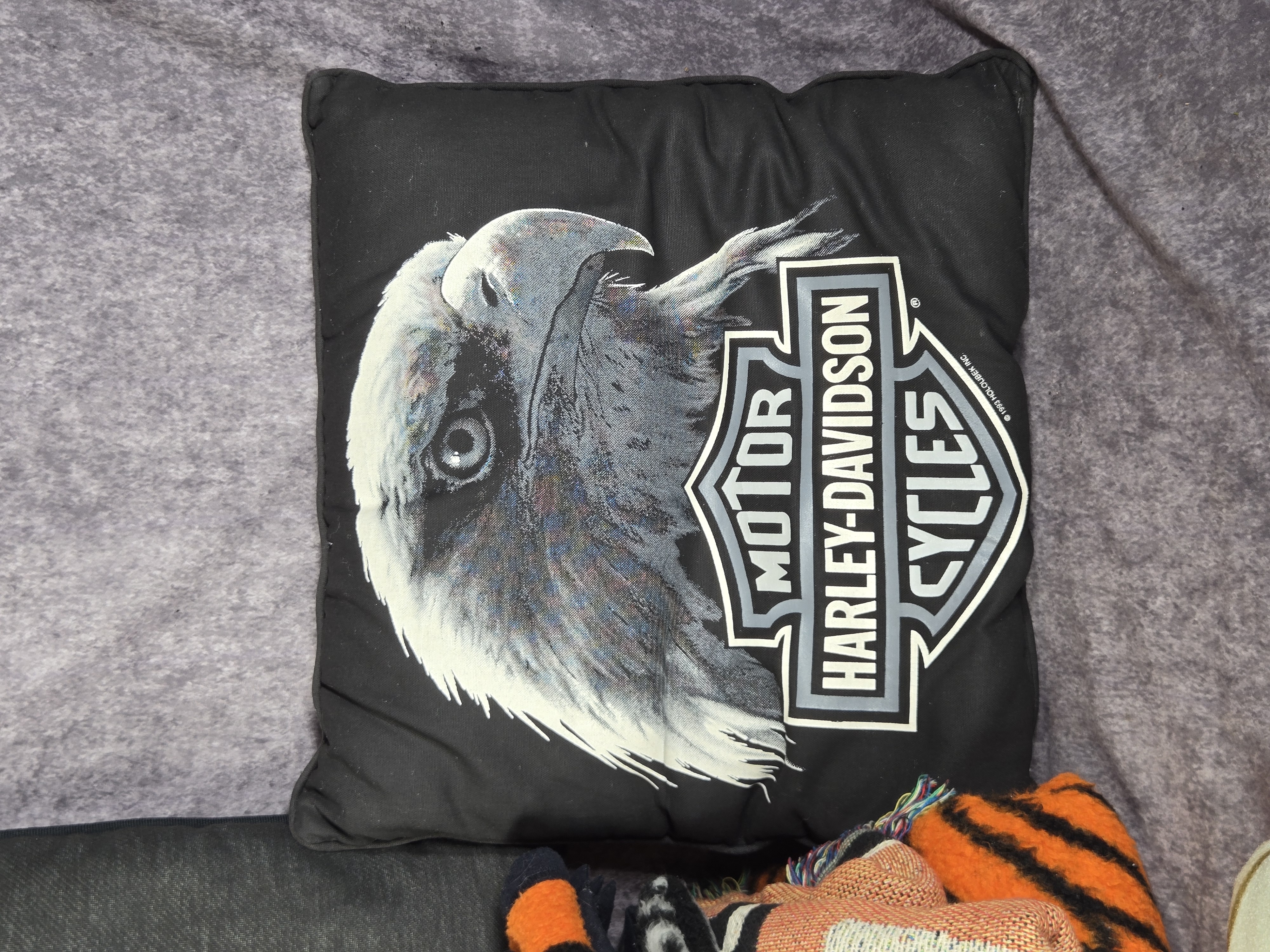 Six Licensed Harley-Davidson Textile Items including Biederlack Blankets and Holoubek Pillows