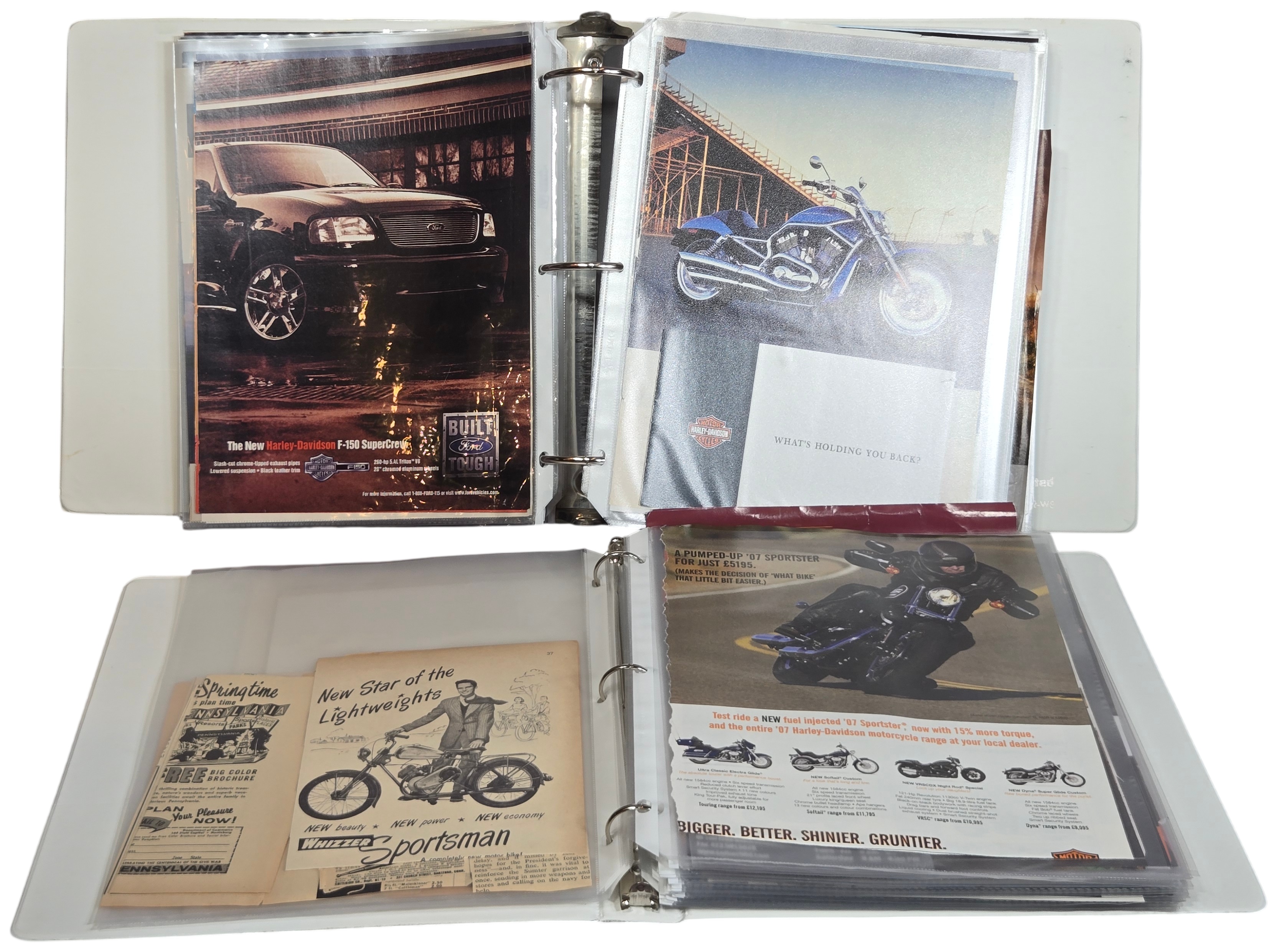 Harley-Davidson Motorcycle Ephemera and Advertisements featuring Ford, Whizzer, and Cushman