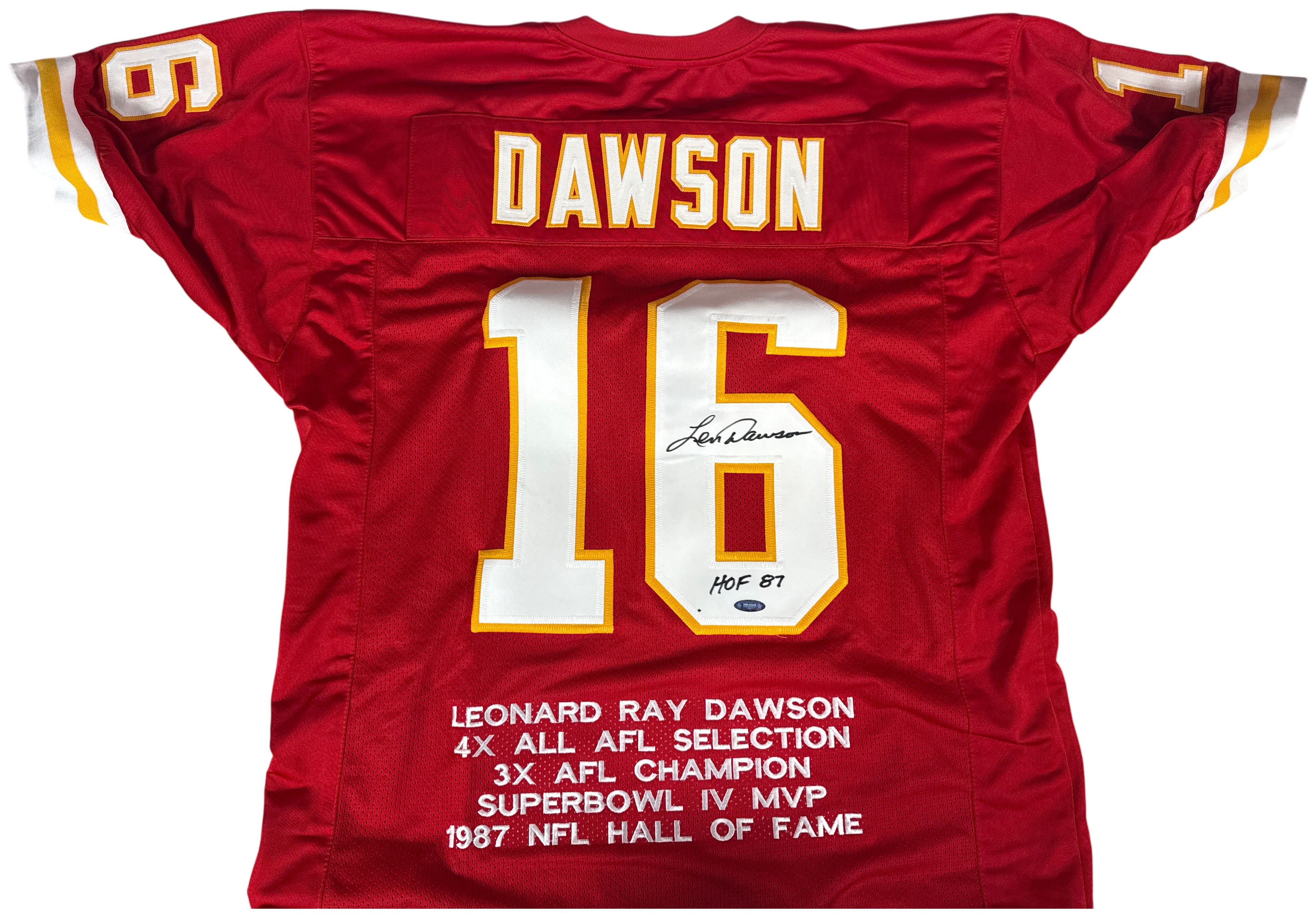 One Len Dawson Signed Kansas City Chiefs Polyester Career Achievement Jersey