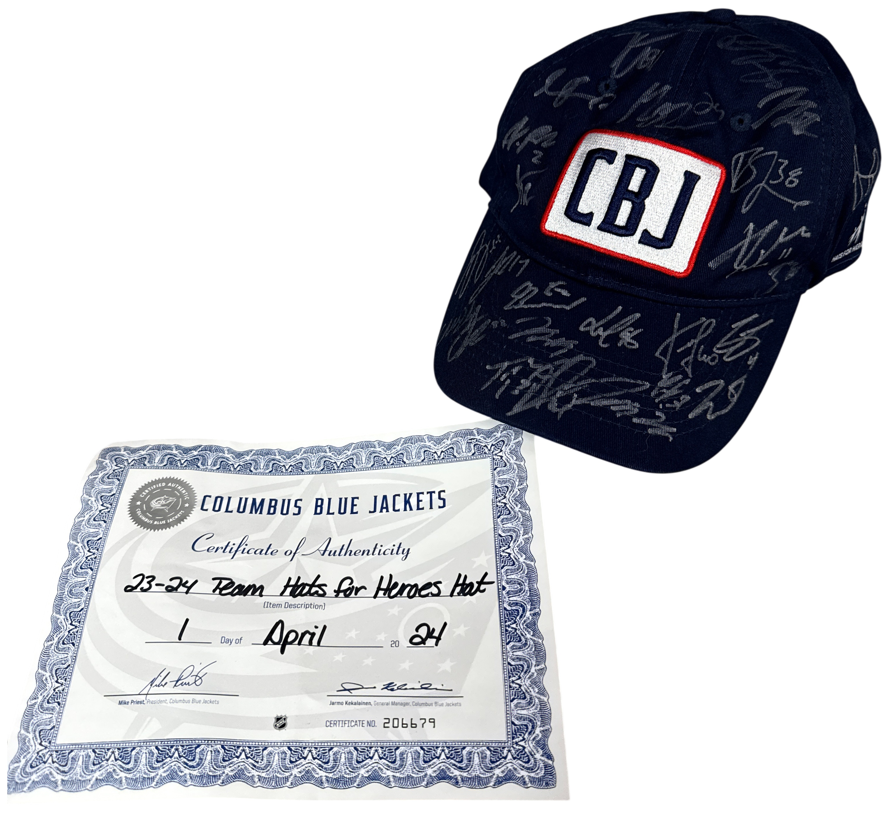 2023-2024 Columbus Blue Jackets Team Signed Hats For Heroes Cap with Certificate of Authenticity