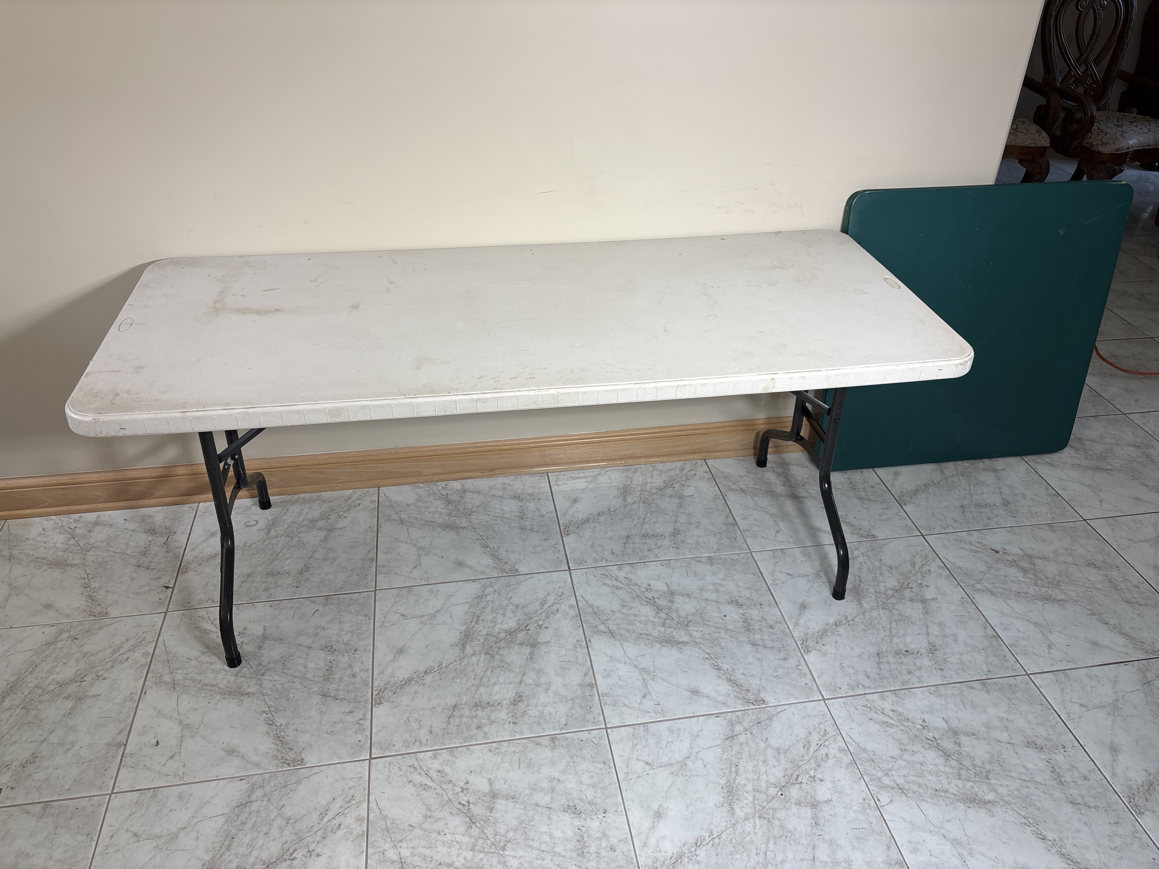 Two Folding Utility Tables Including One Plastic Banquet Table and One Vinyl Top Card Table