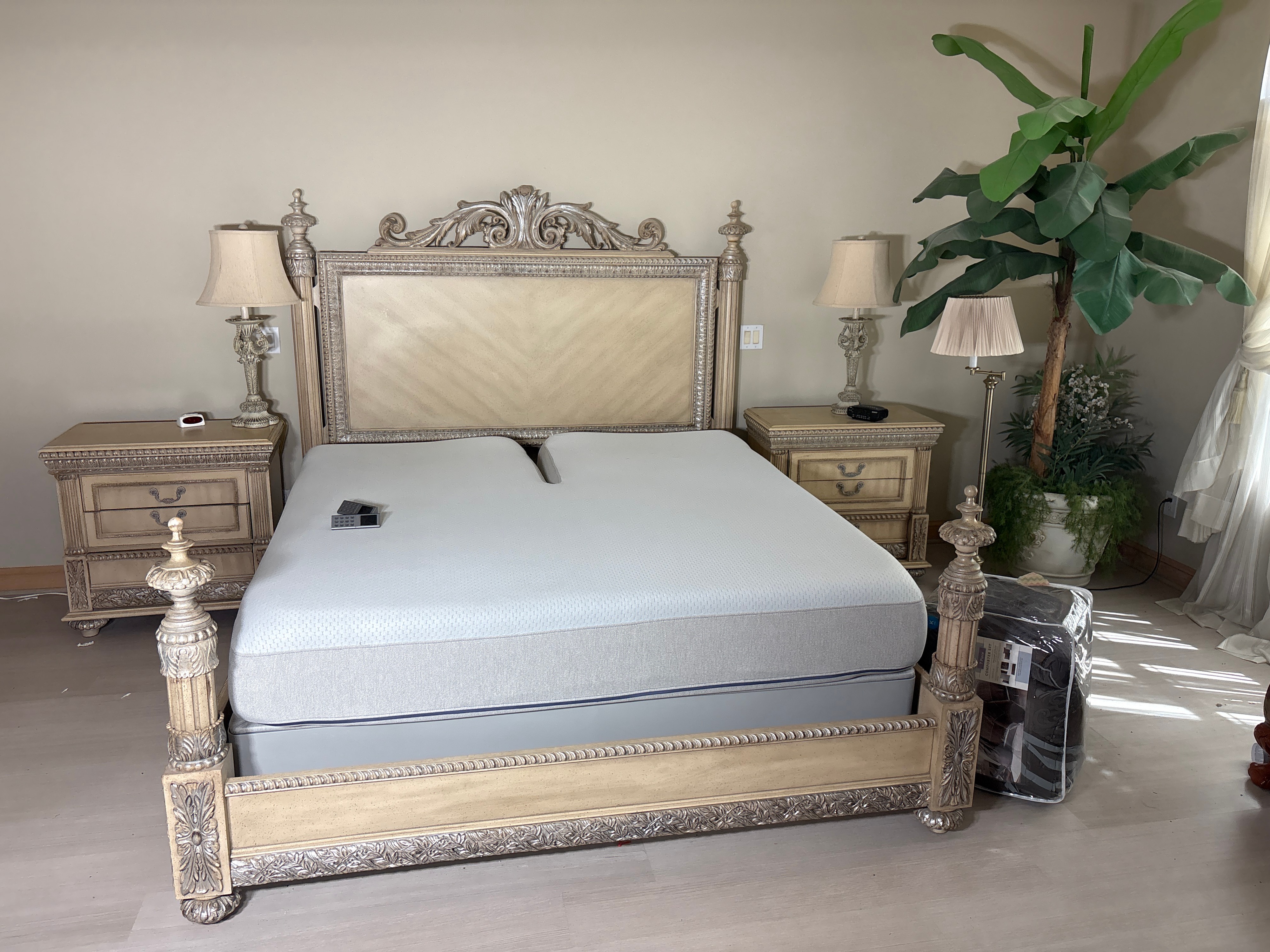 Mediterranean Style Ornate King Bedroom Suite Including Sleep Number i8 Mattress and Accessories