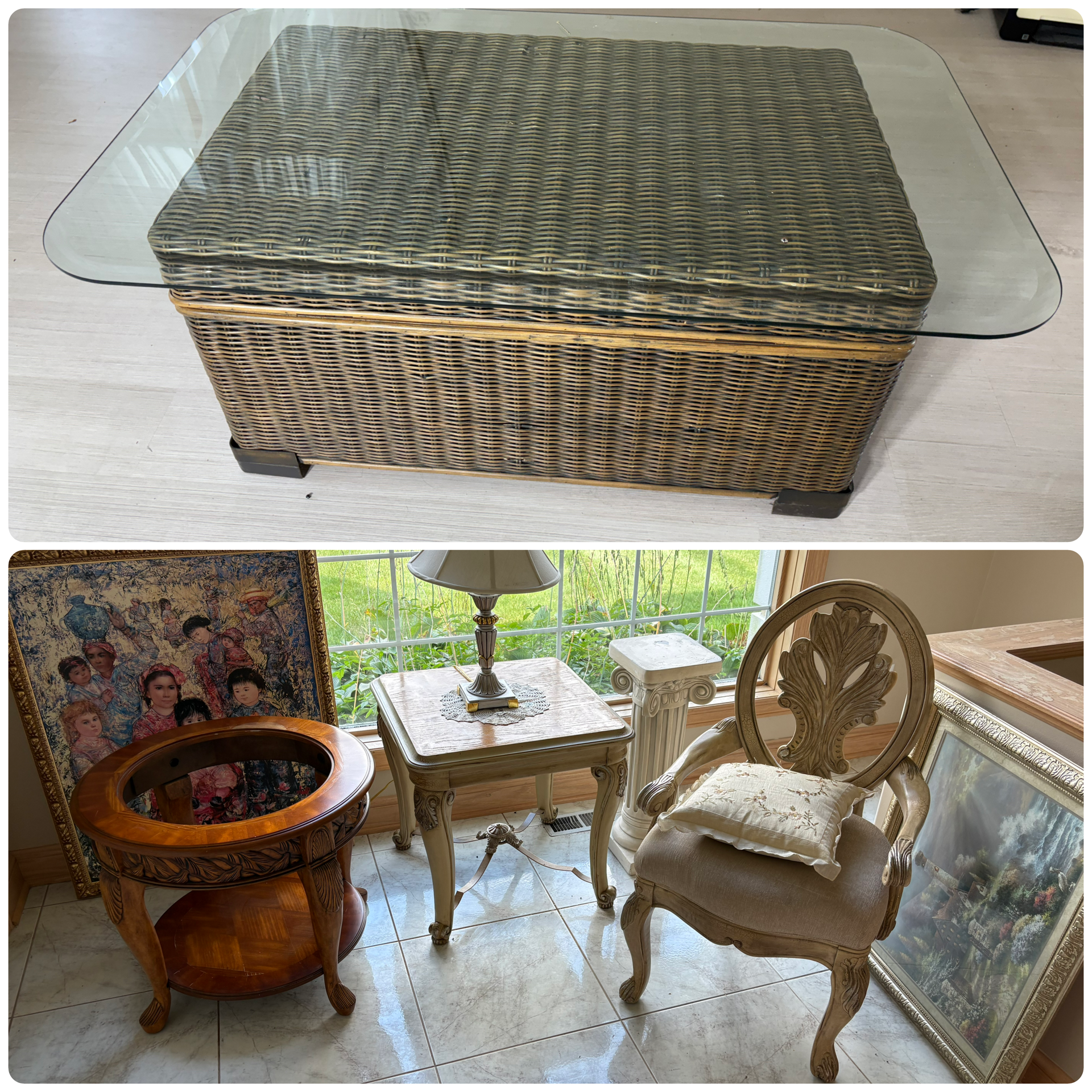 A Collection of Assorted Furniture and Decorative Items Including a Wicker Trunk Coffee Table and Neoclassical Style Tables