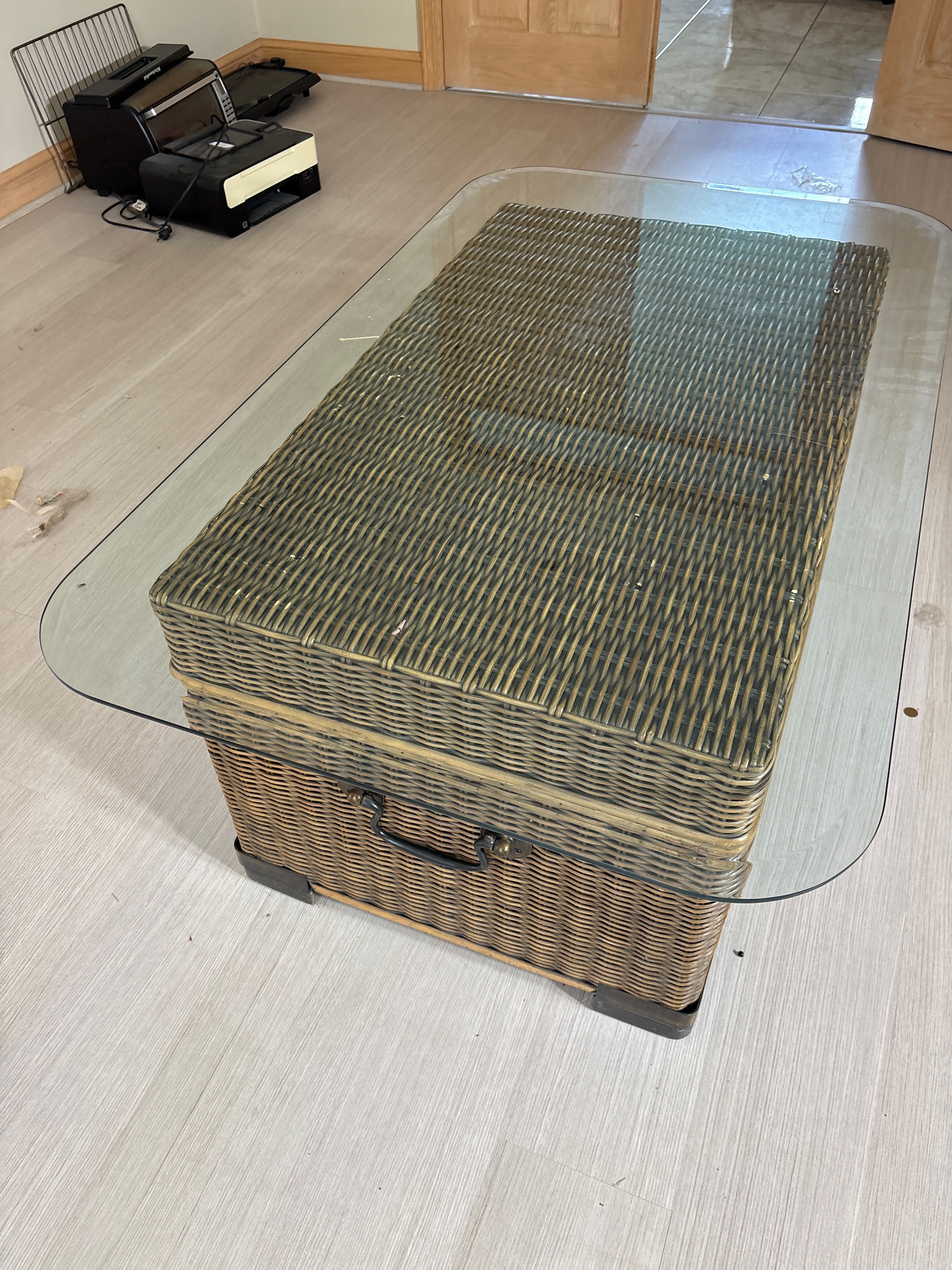 A Collection of Assorted Furniture and Decorative Items Including a Wicker Trunk Coffee Table and Neoclassical Style Tables