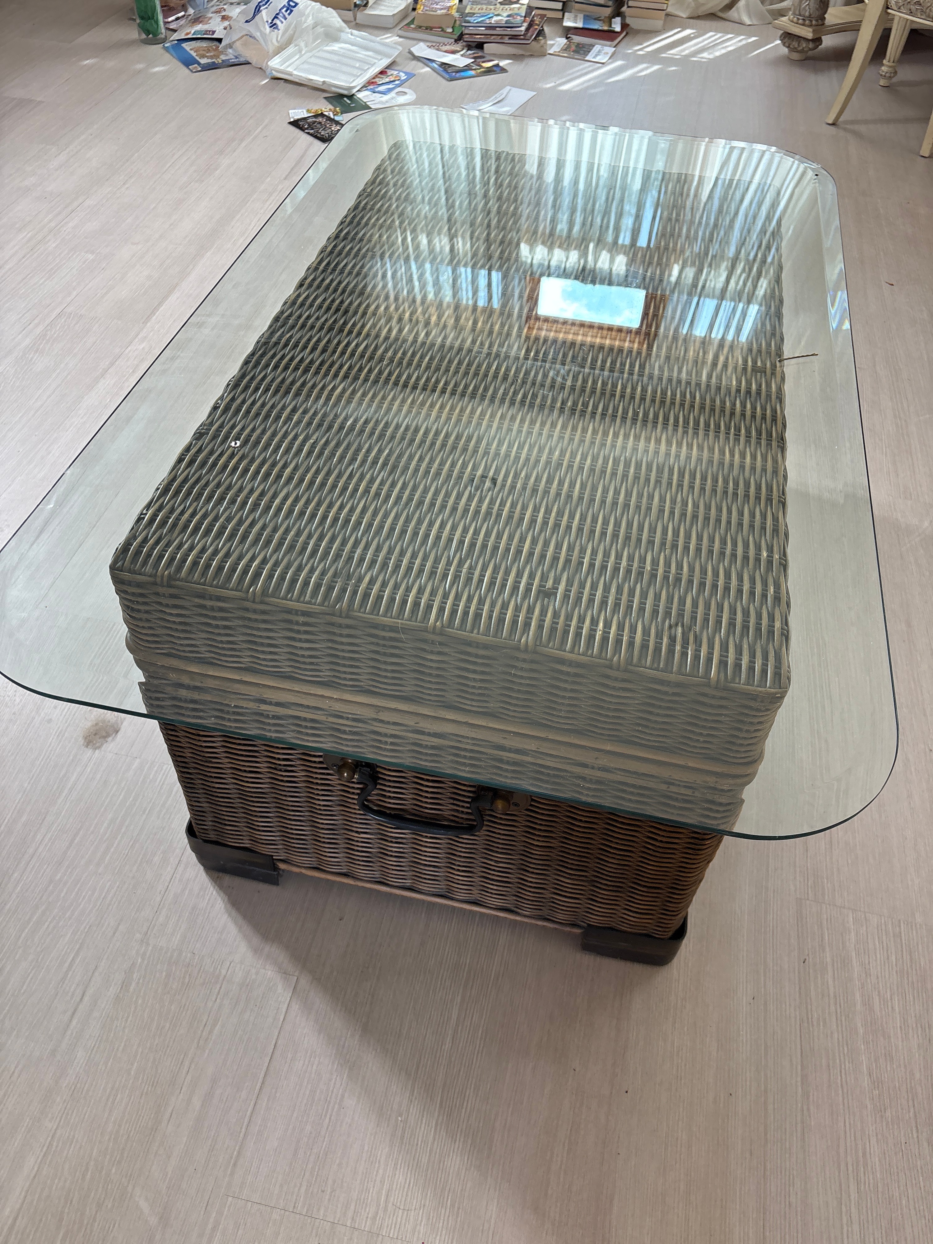 A Collection of Assorted Furniture and Decorative Items Including a Wicker Trunk Coffee Table and Neoclassical Style Tables
