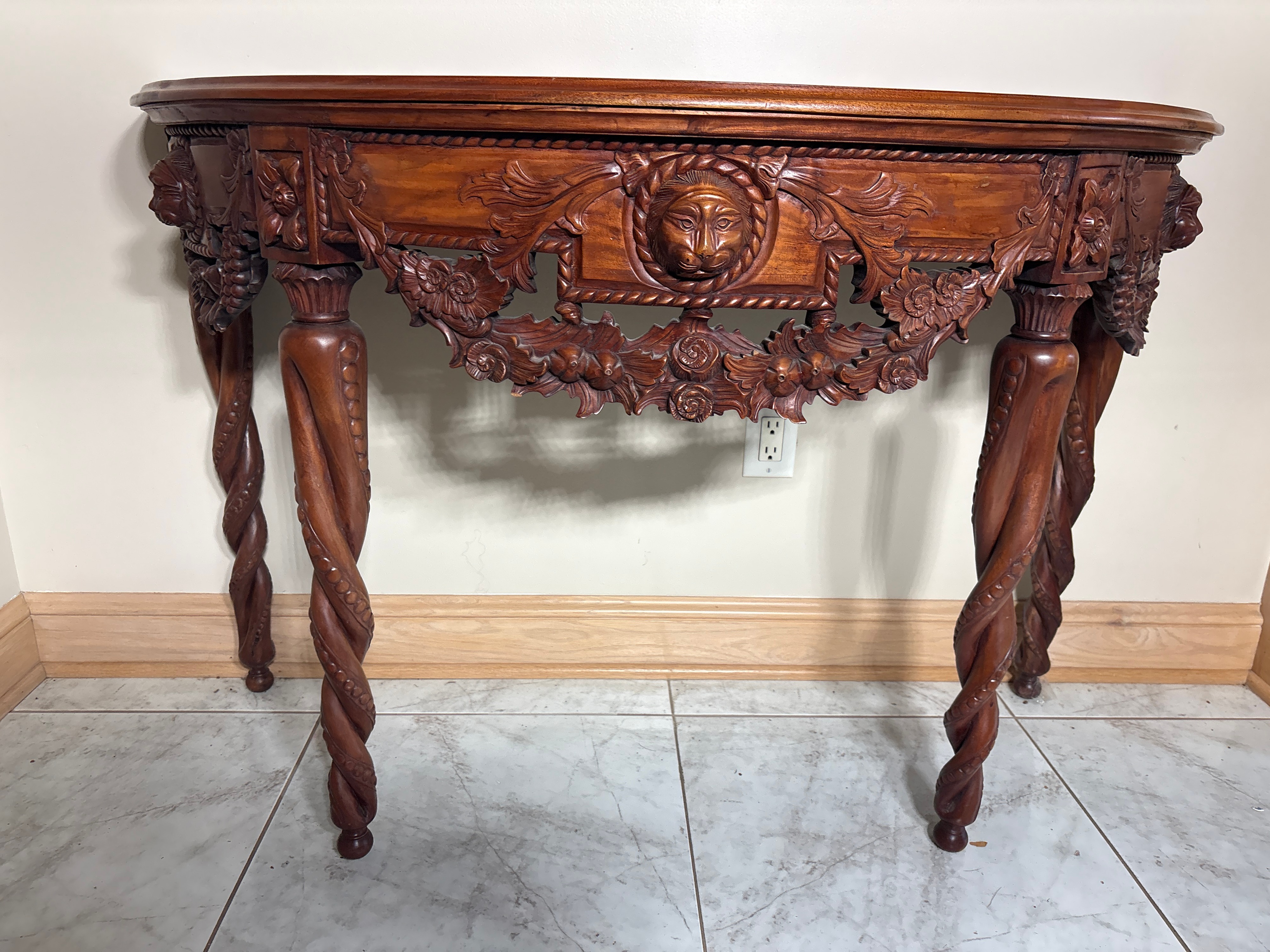 Carved Mahogany Demilune Console Table with Lion Masks and Barley Twist Legs
