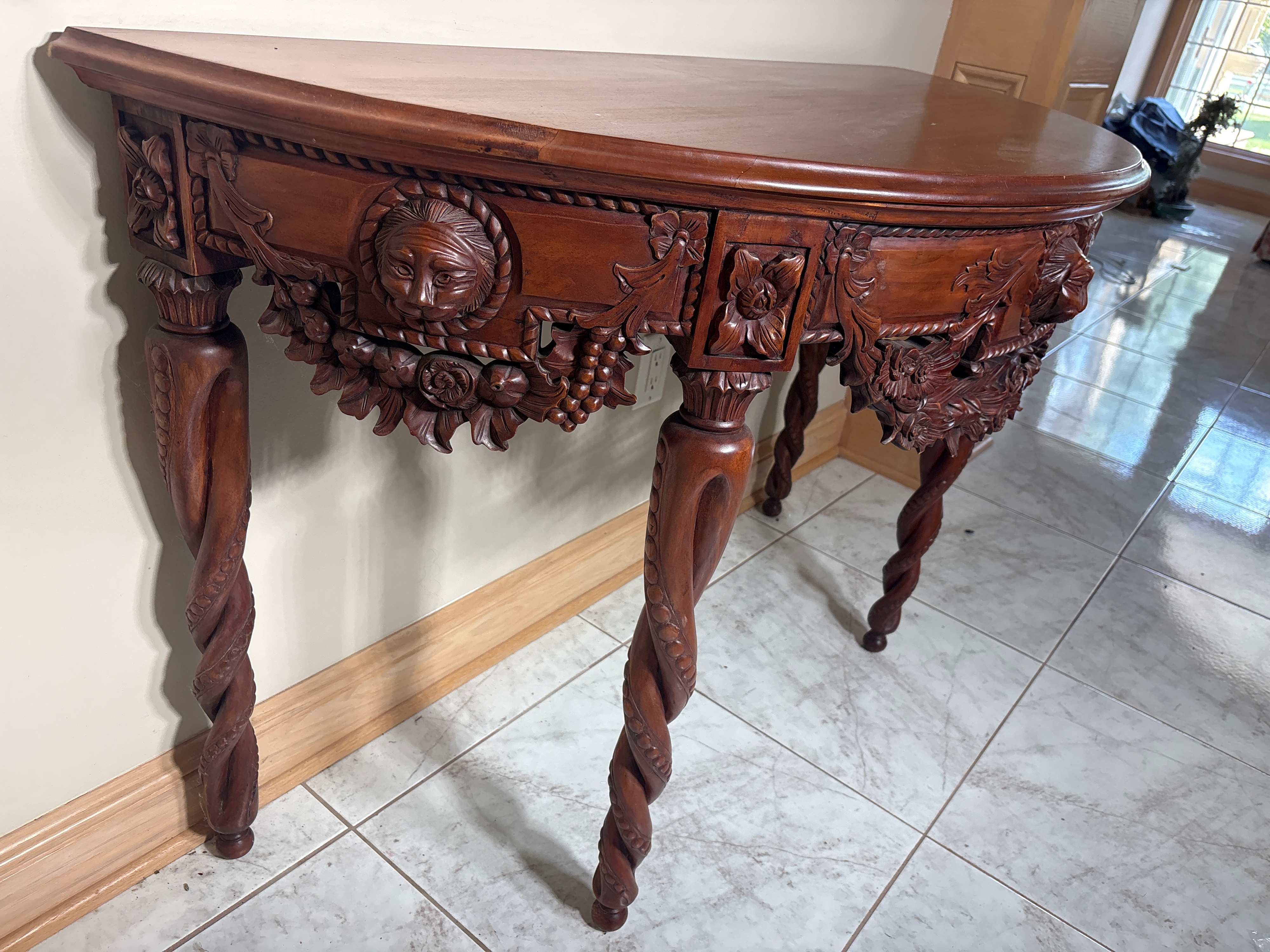Carved Mahogany Demilune Console Table with Lion Masks and Barley Twist Legs