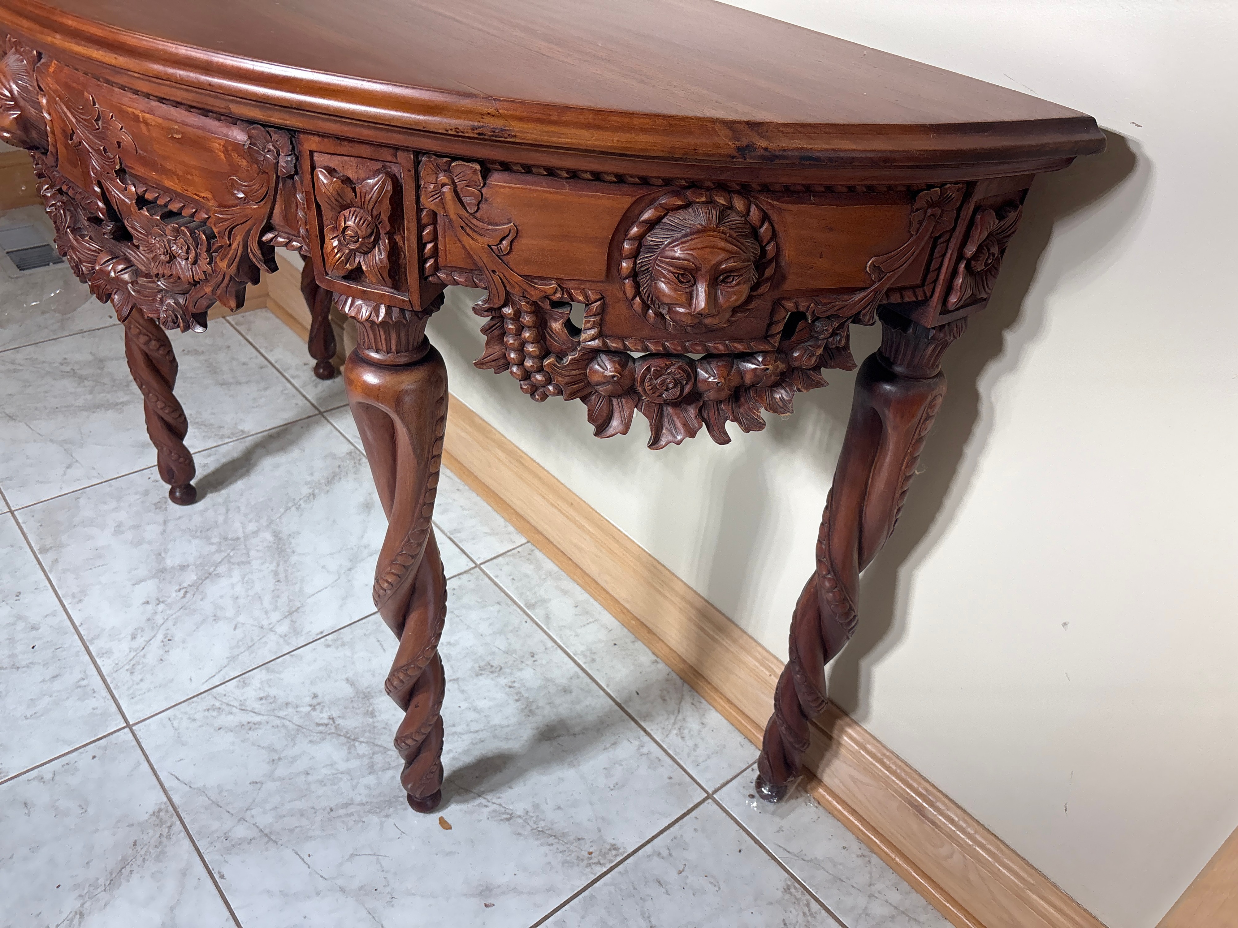 Carved Mahogany Demilune Console Table with Lion Masks and Barley Twist Legs