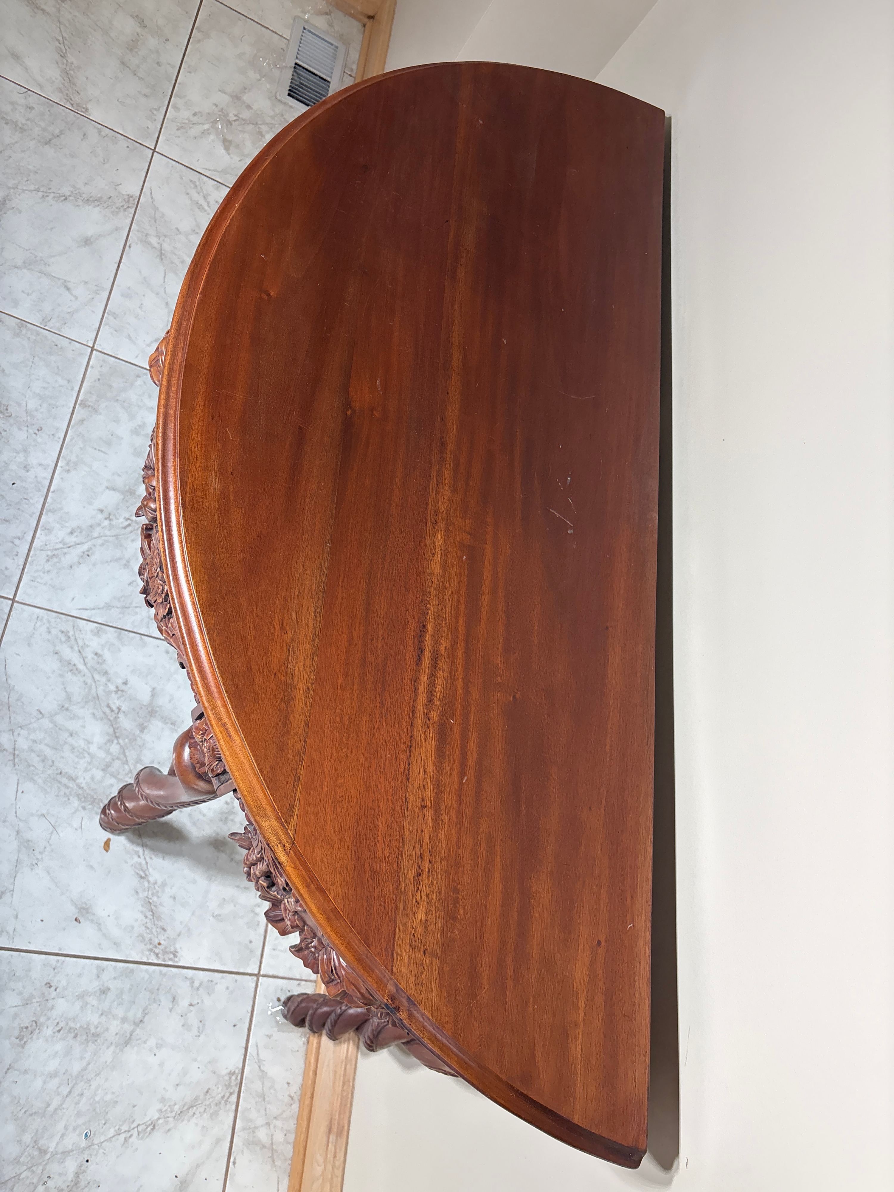 Carved Mahogany Demilune Console Table with Lion Masks and Barley Twist Legs