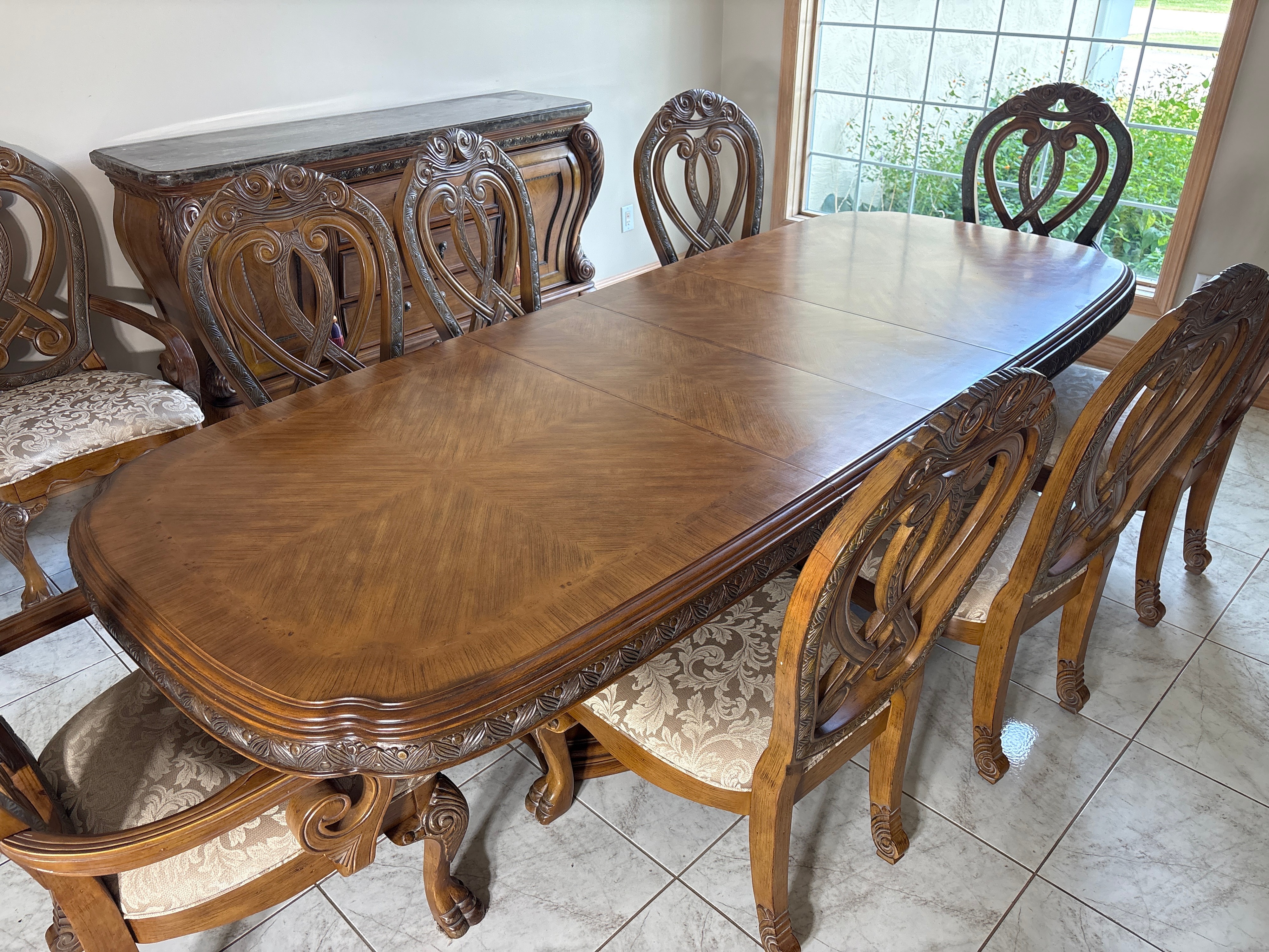 Michael Amini Signature Series by AICO Contemporary Traditional Dining Suite Comprising an Extension Pedestal Table a Set of Upholstered Cha