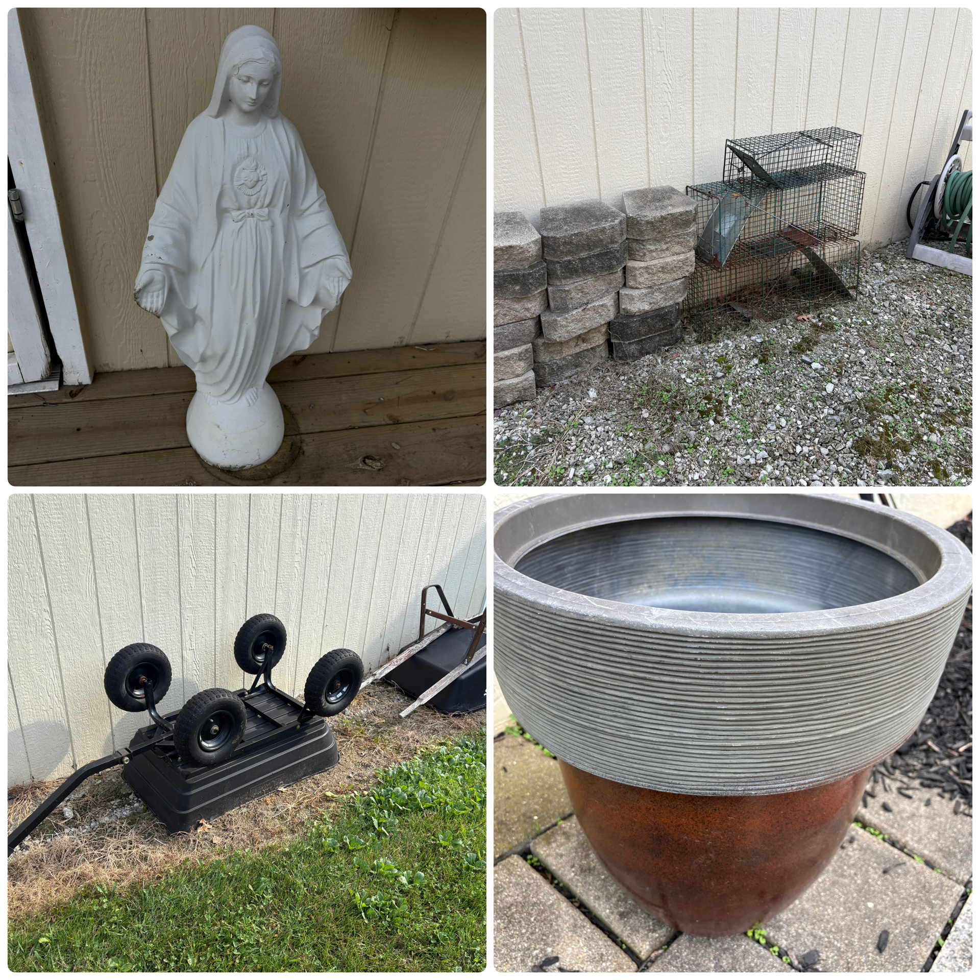 An Assortment of Garden Decor and Utility Equipment including an Ames Wheelbarrow