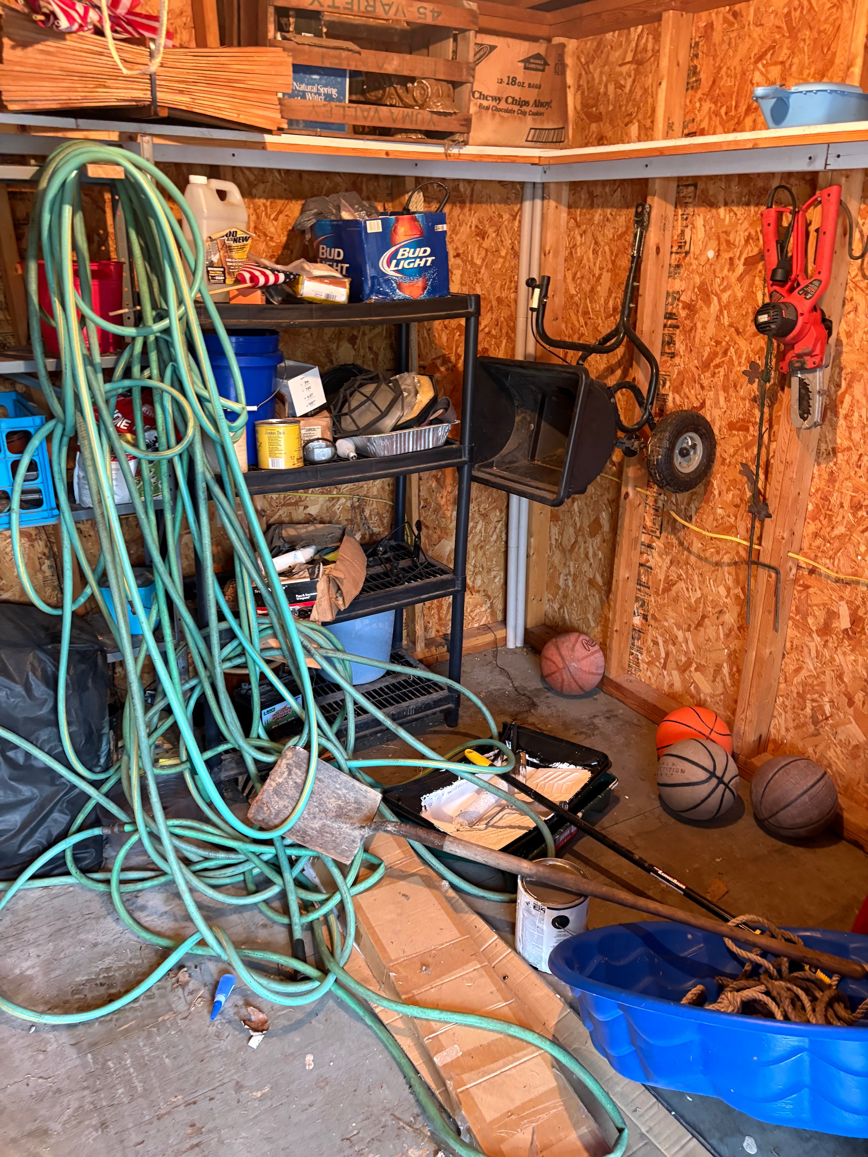A Large Collection of Storage Shed Contents Including a Western Flyer Wagon, Morrell Archery Target, Shelving Units, and Garden Equipment
