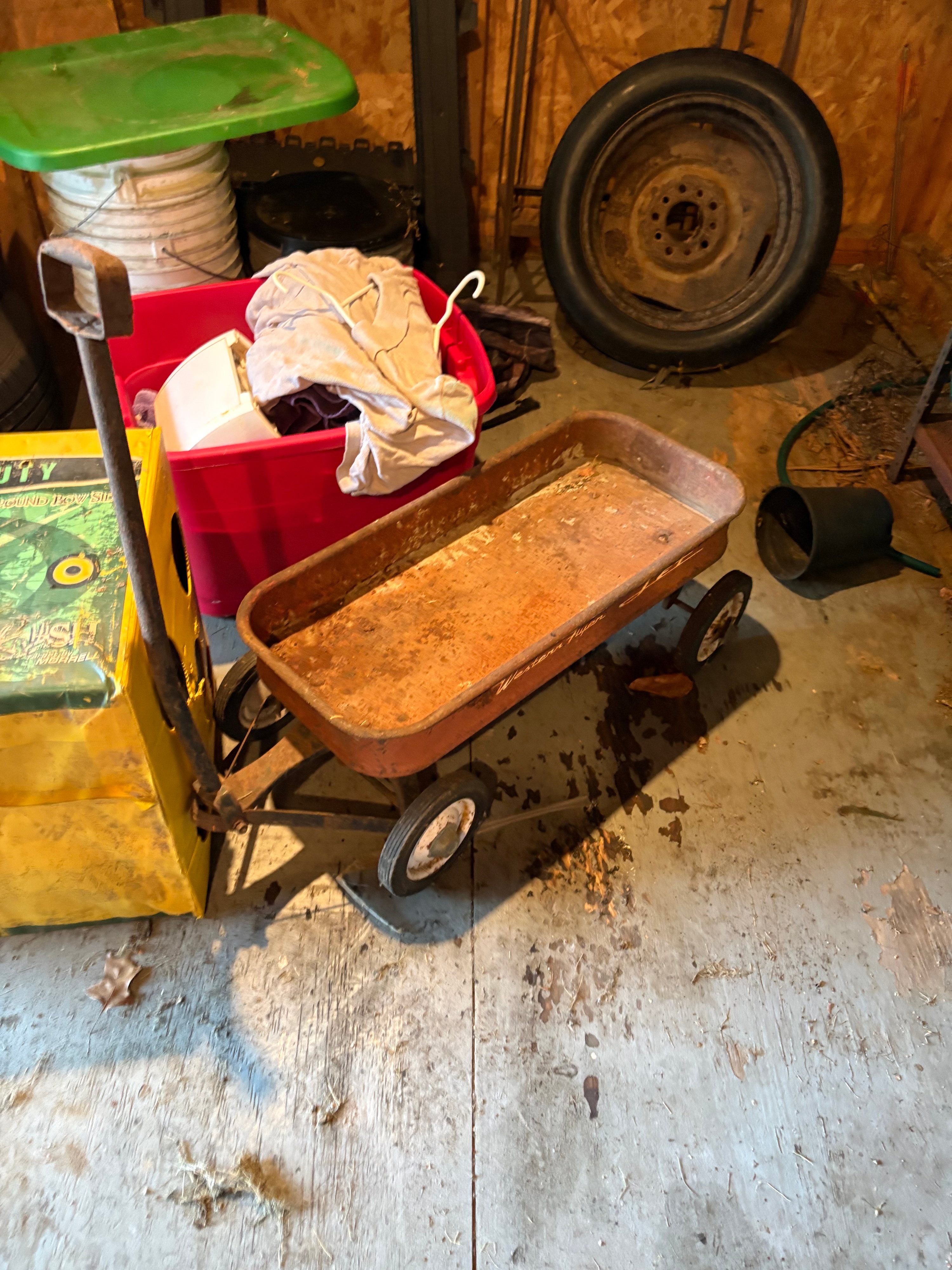 A Large Collection of Storage Shed Contents Including a Western Flyer Wagon, Morrell Archery Target, Shelving Units, and Garden Equipment