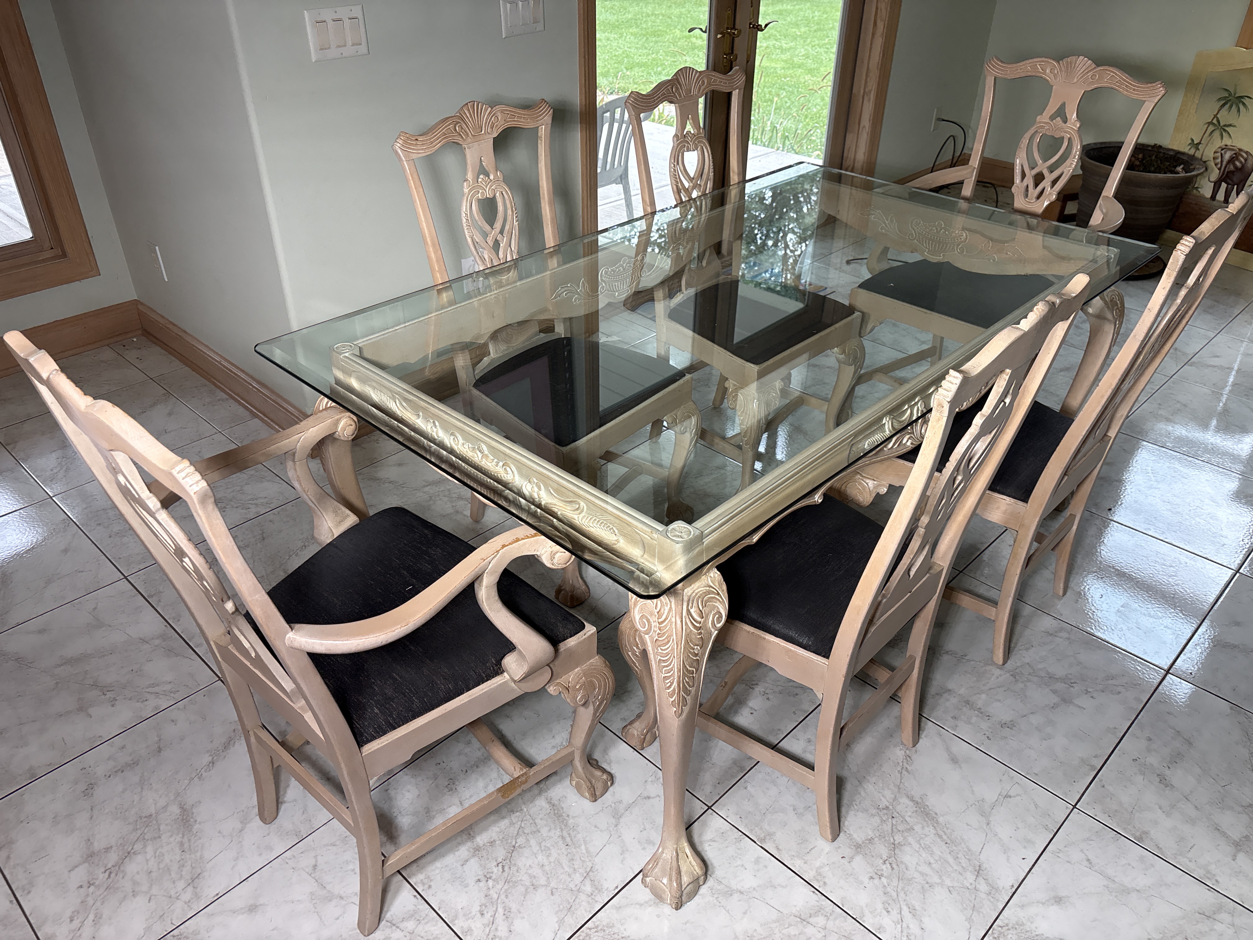 Seven-Piece Queen Anne Style Painted Dining Set with Glass Top Table and Six Chairs