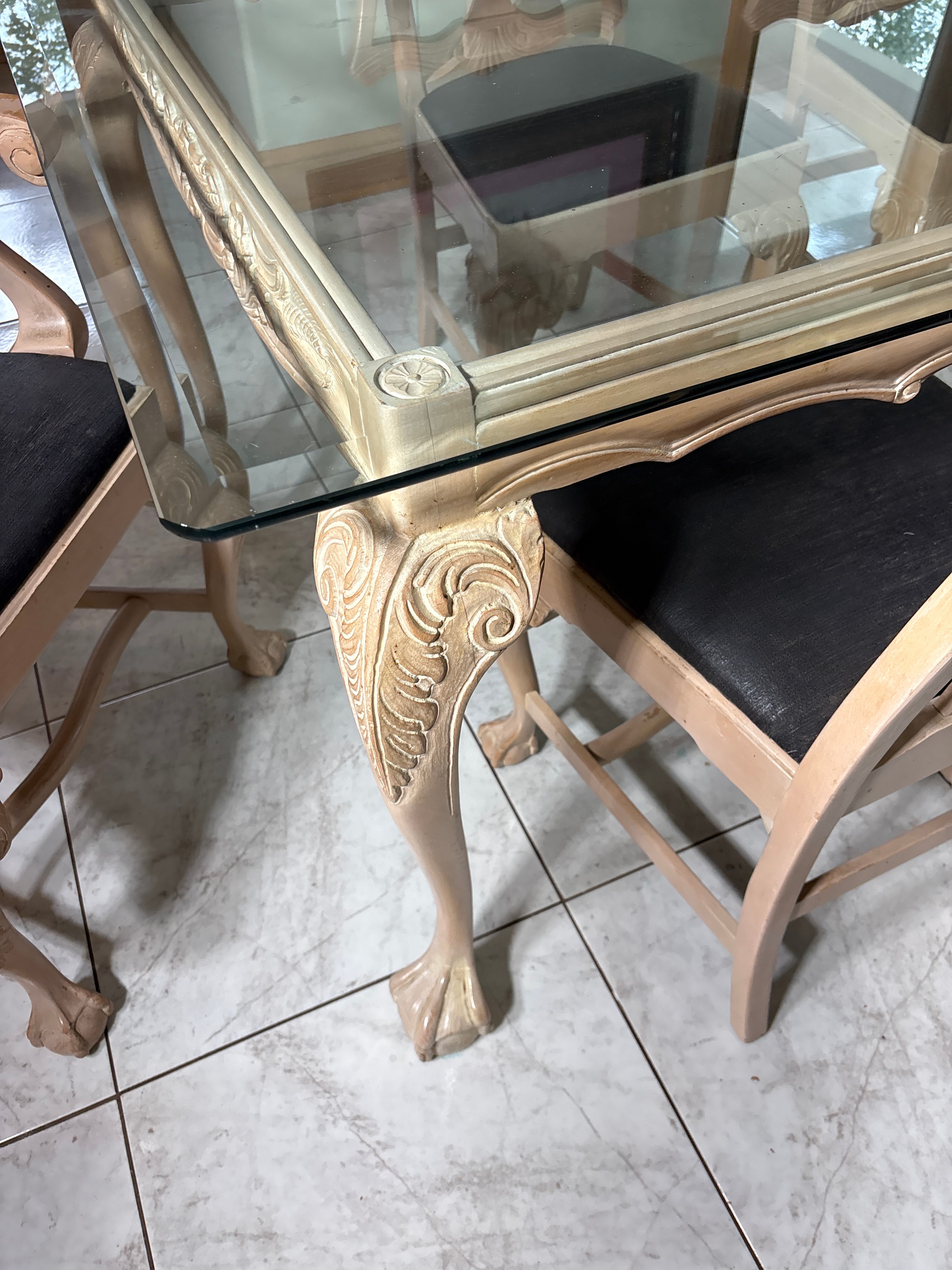 Seven-Piece Queen Anne Style Painted Dining Set with Glass Top Table and Six Chairs