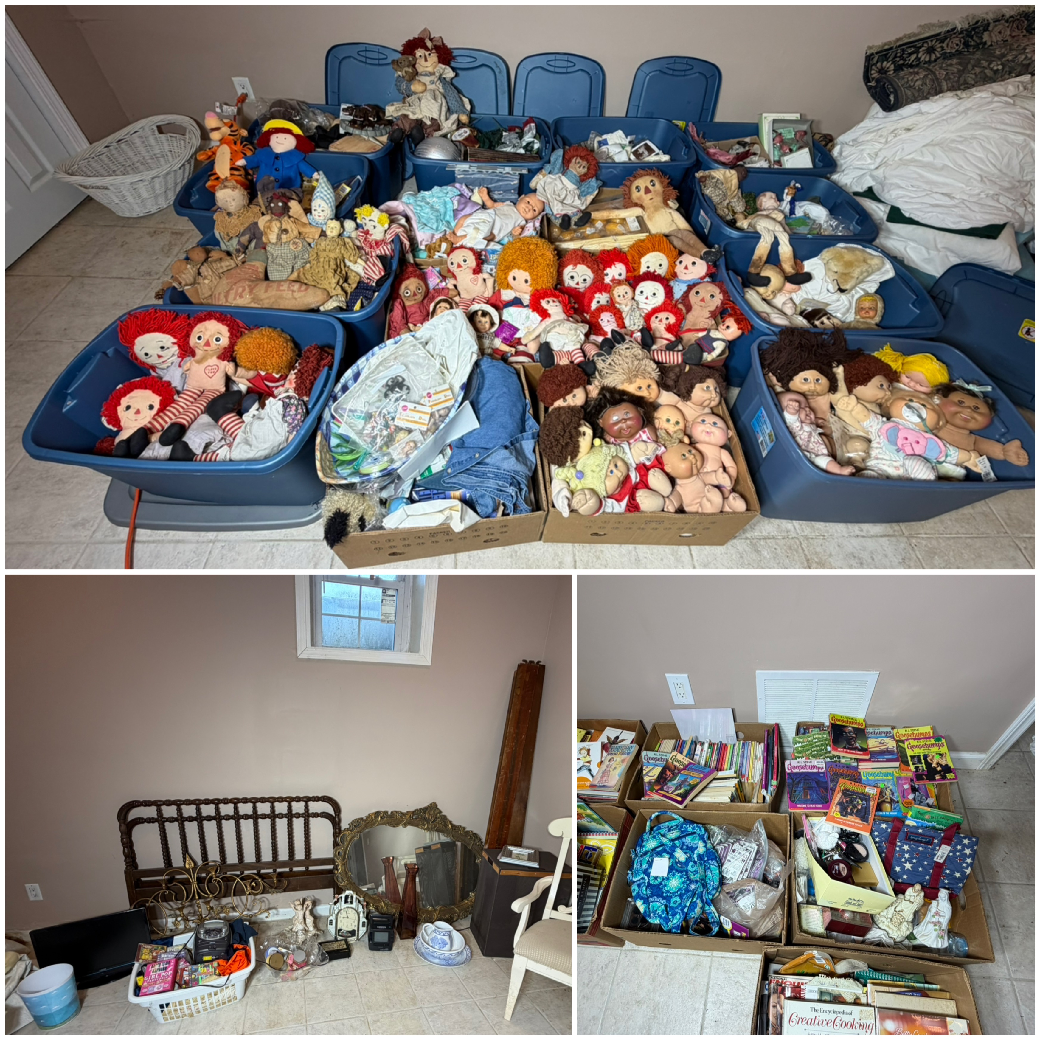 CONTENTS LOT: Bulk Estate Collection of Vintage Dolls, Children's Books, Furniture, and Household Goods