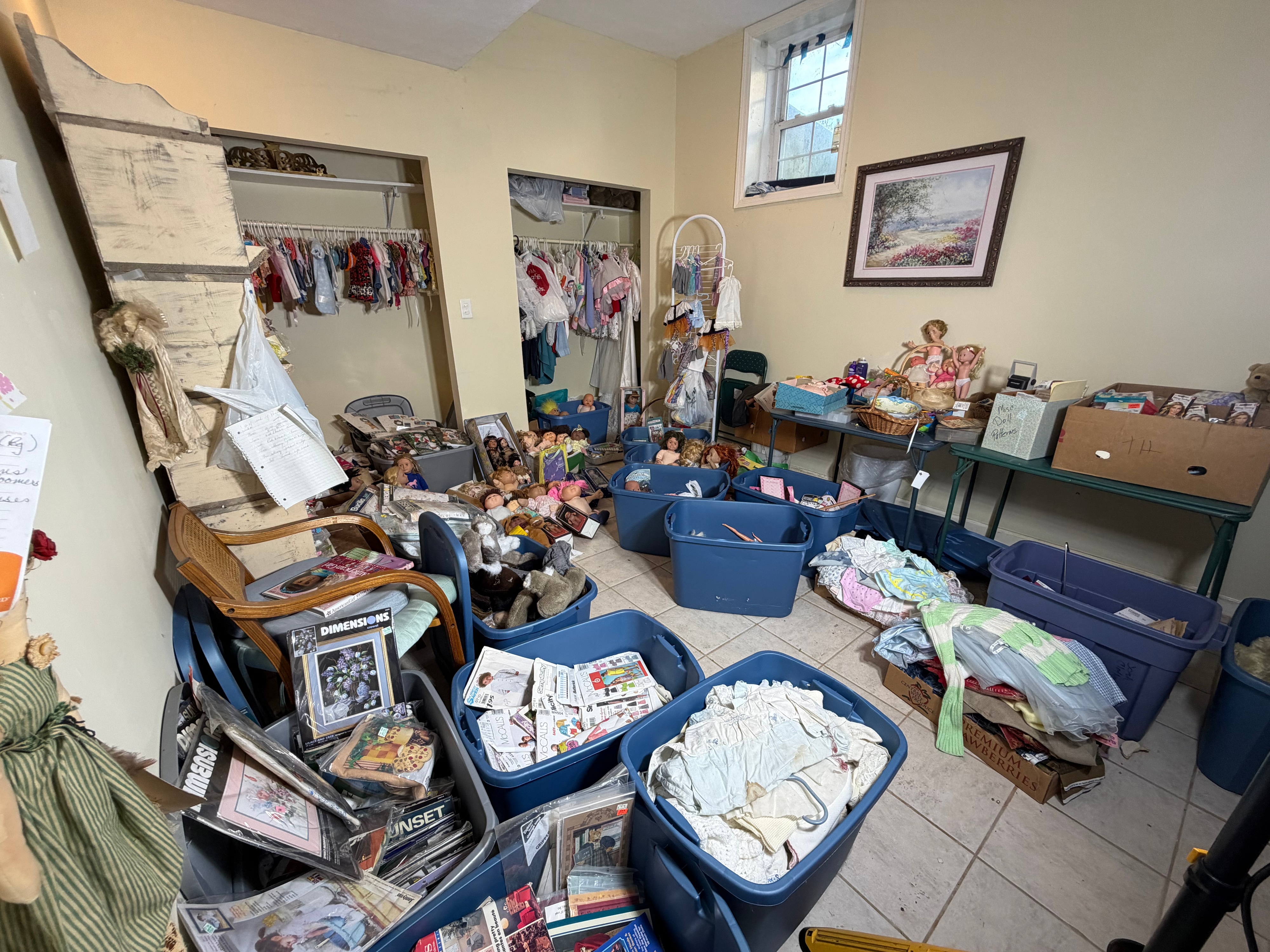 CONTENTS LOT: A Large Collection of Cabbage Patch Kids, American Girl, and Barbie Dolls with Sewing Patterns, Craft Kits, and Trims