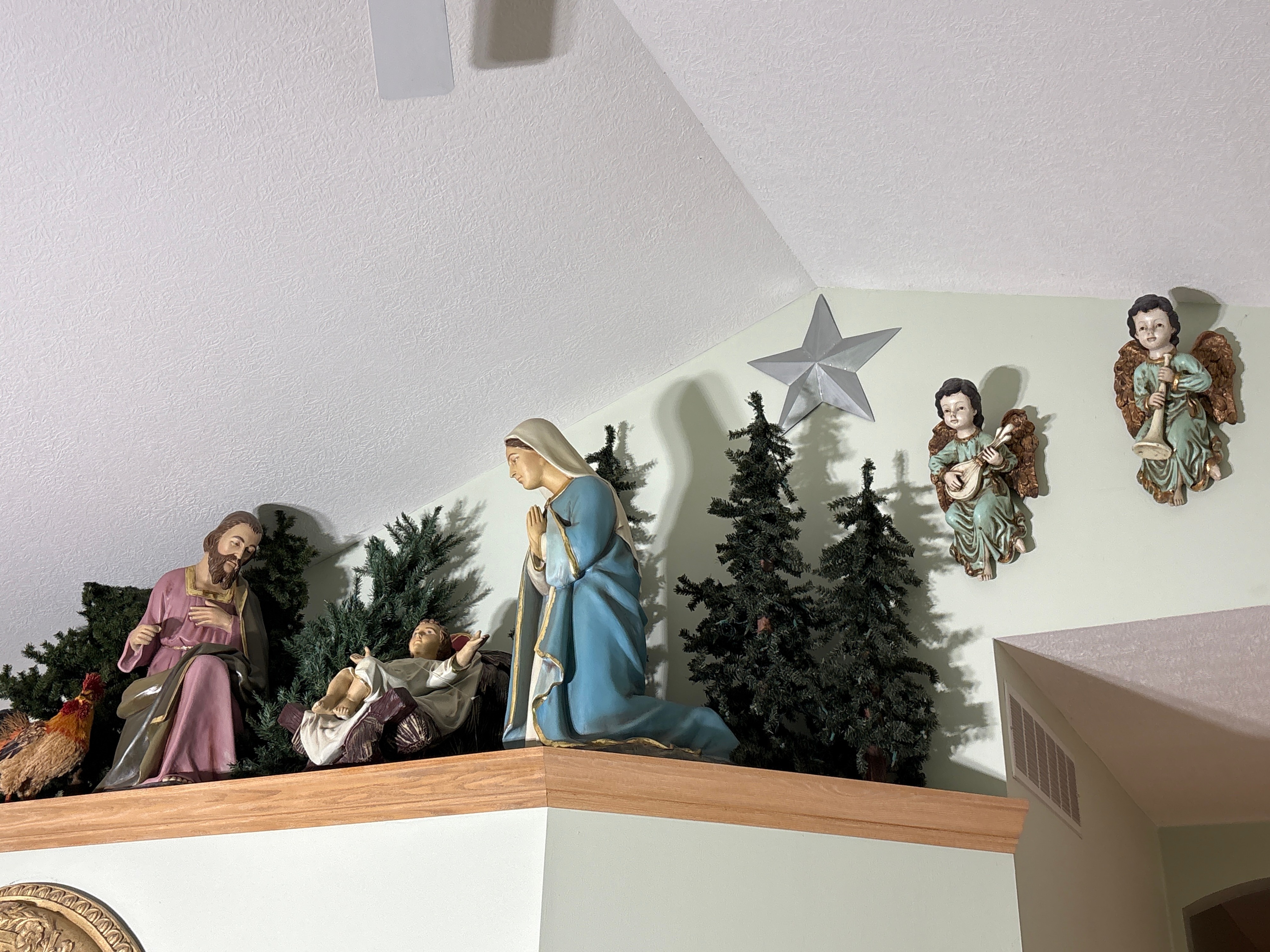 Painted Resin Nativity Set with Large Angel Statue and Polished Stone Sphere