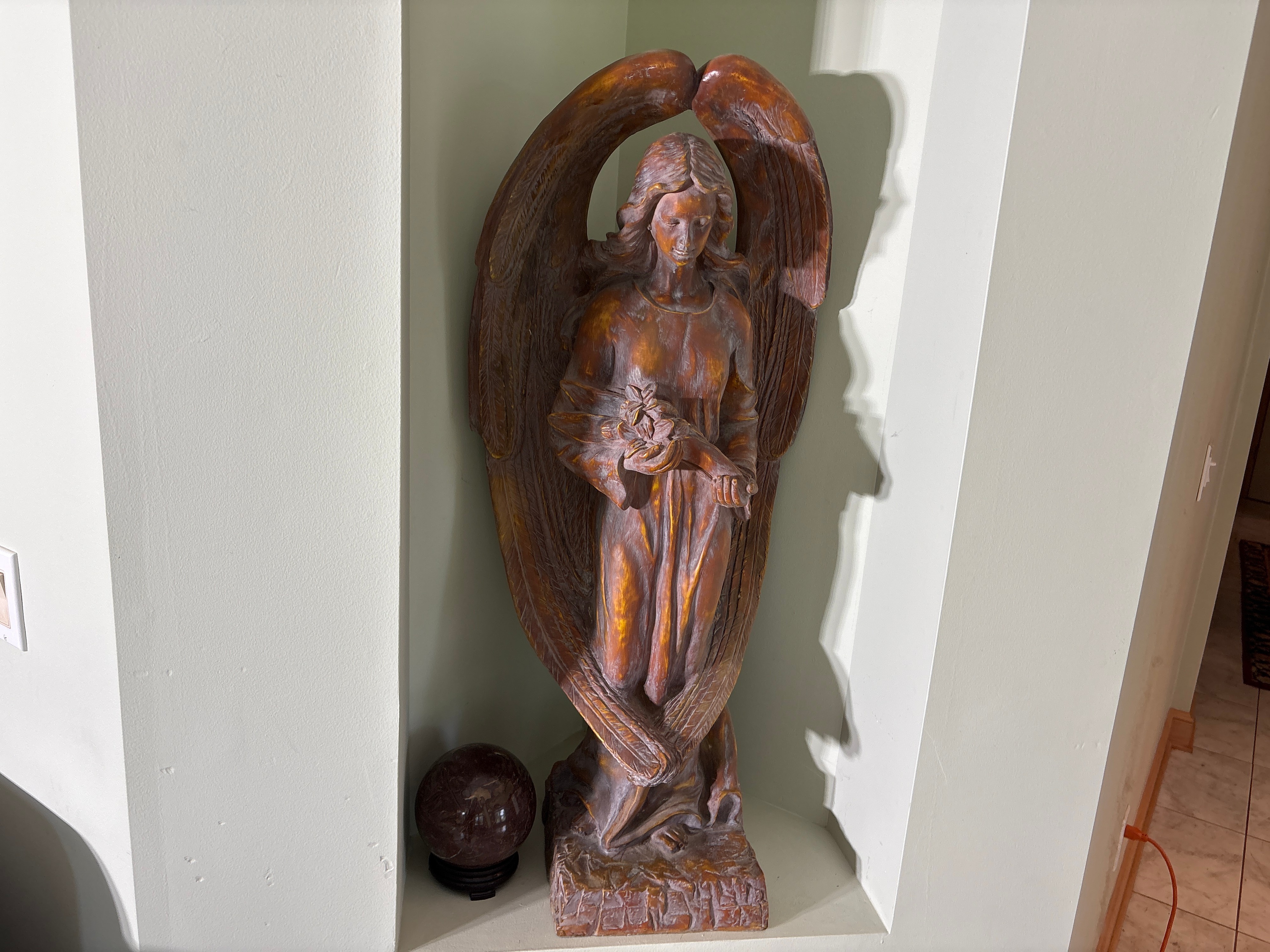 Painted Resin Nativity Set with Large Angel Statue and Polished Stone Sphere