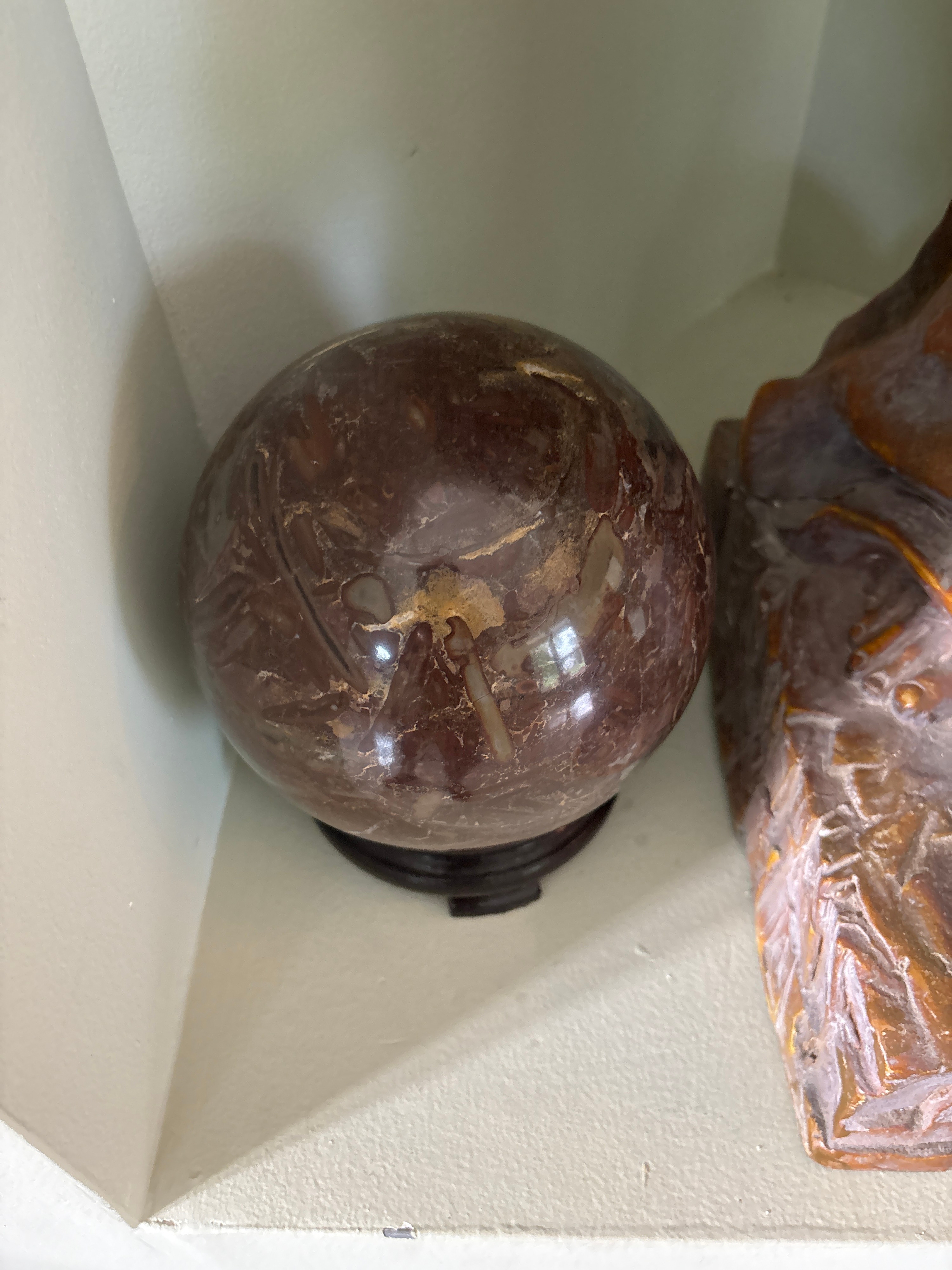Painted Resin Nativity Set with Large Angel Statue and Polished Stone Sphere
