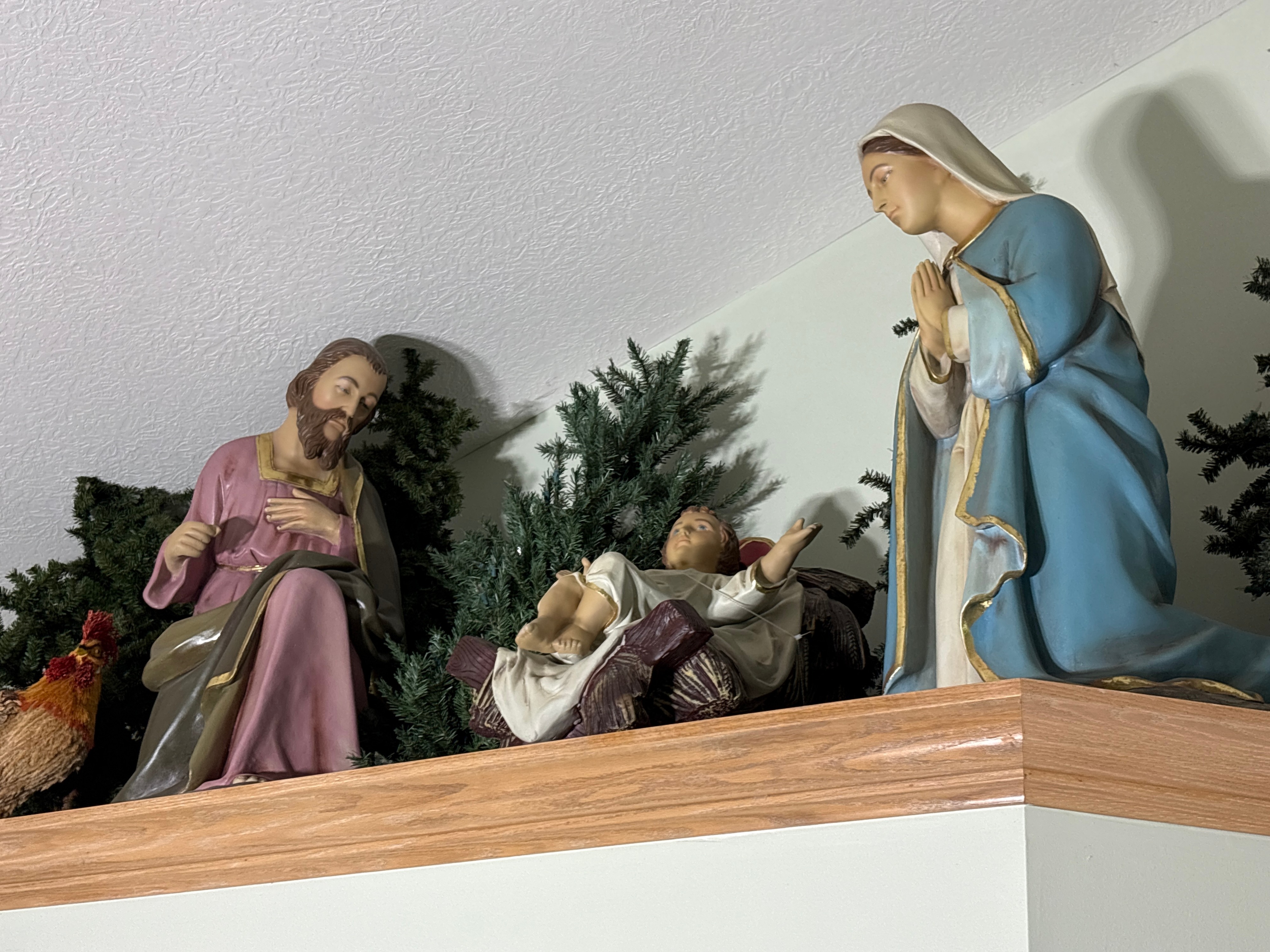Painted Resin Nativity Set with Large Angel Statue and Polished Stone Sphere