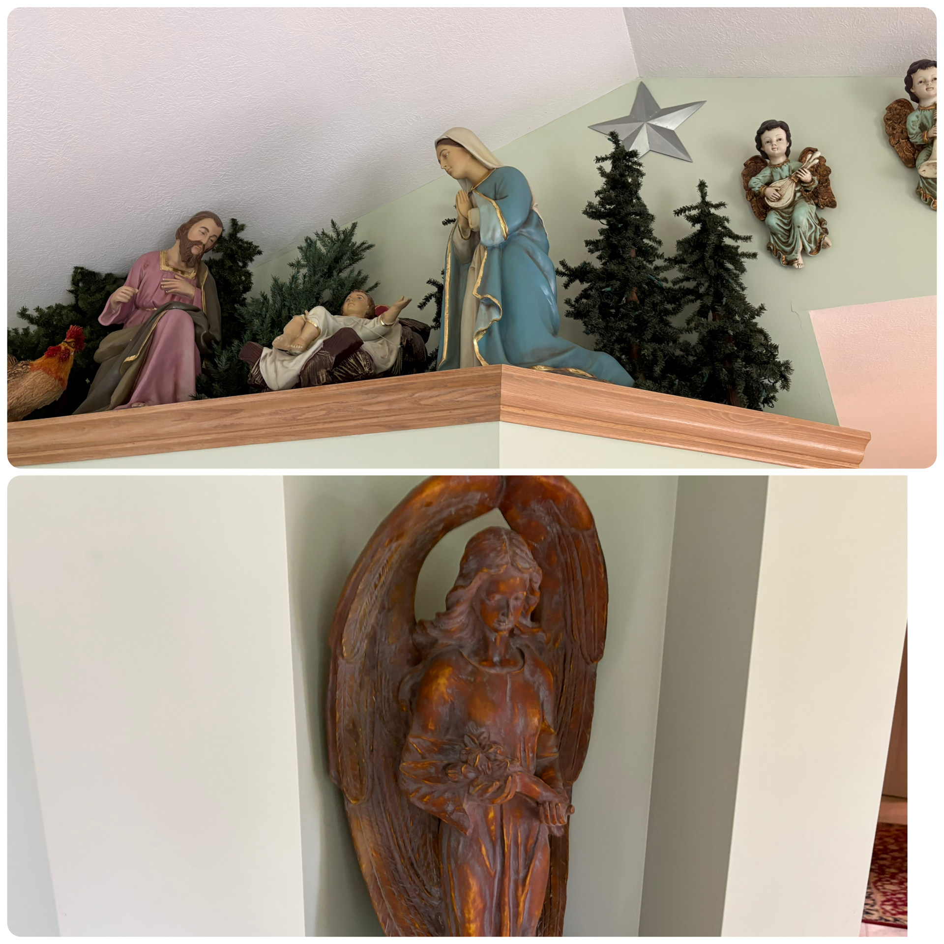 Painted Resin Nativity Set with Large Angel Statue and Polished Stone Sphere