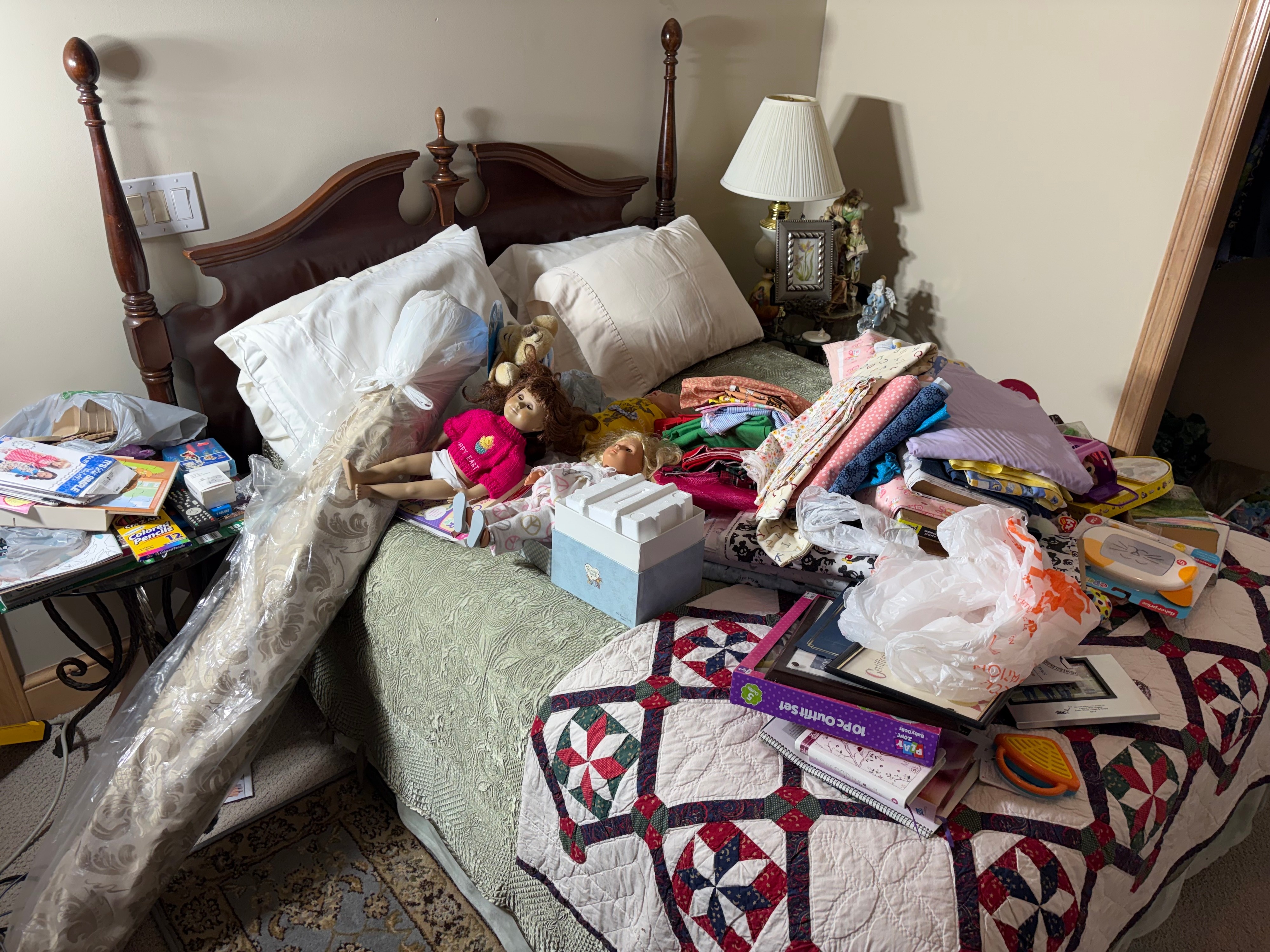 CONTENTS LOT: A Large Assortment of Collectible Dolls, Textiles, New-in-Box Toys, and Household Electronics