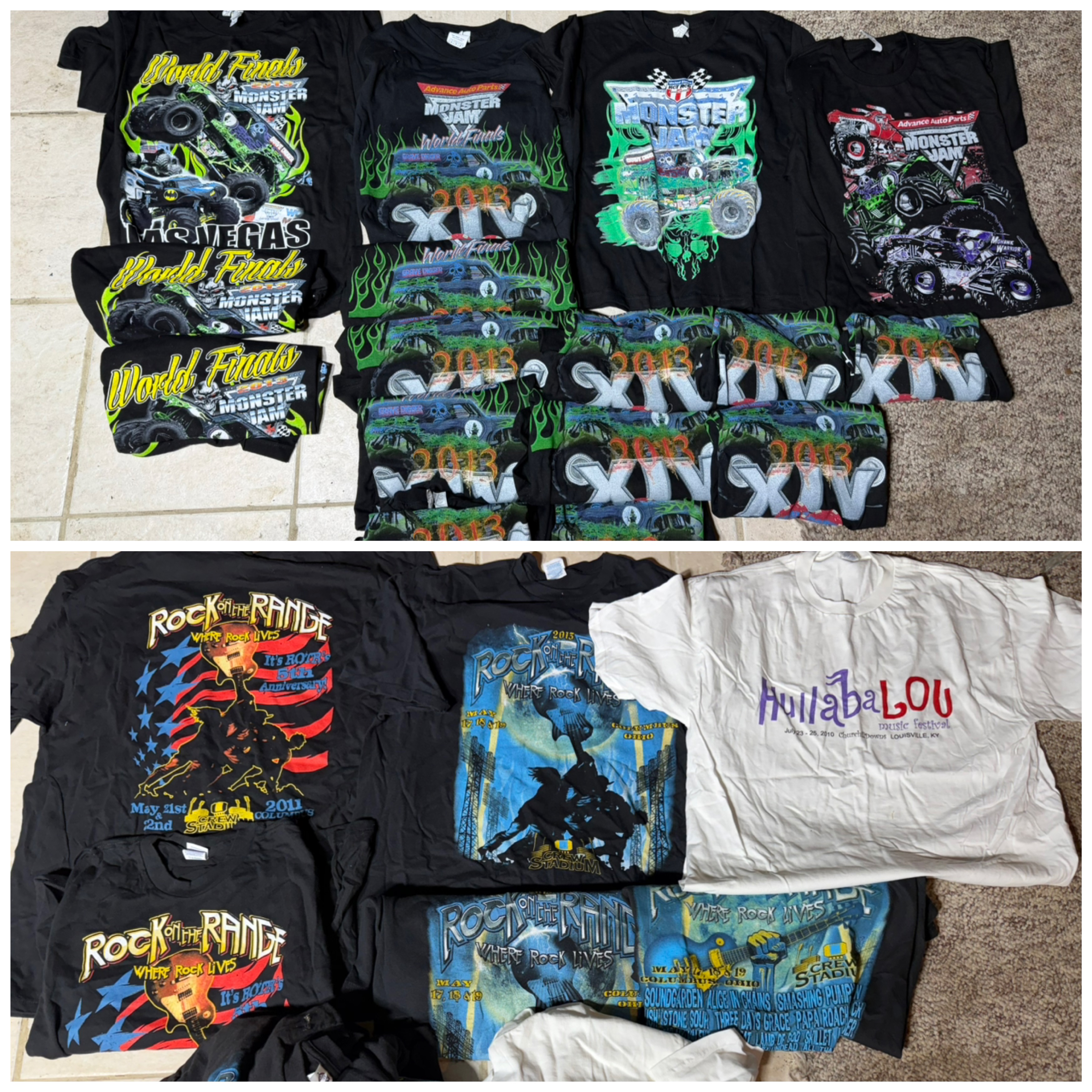 A Collection of Souvenir Event T-Shirts Featuring 2013 Monster Jam and Midwestern Music Festivals