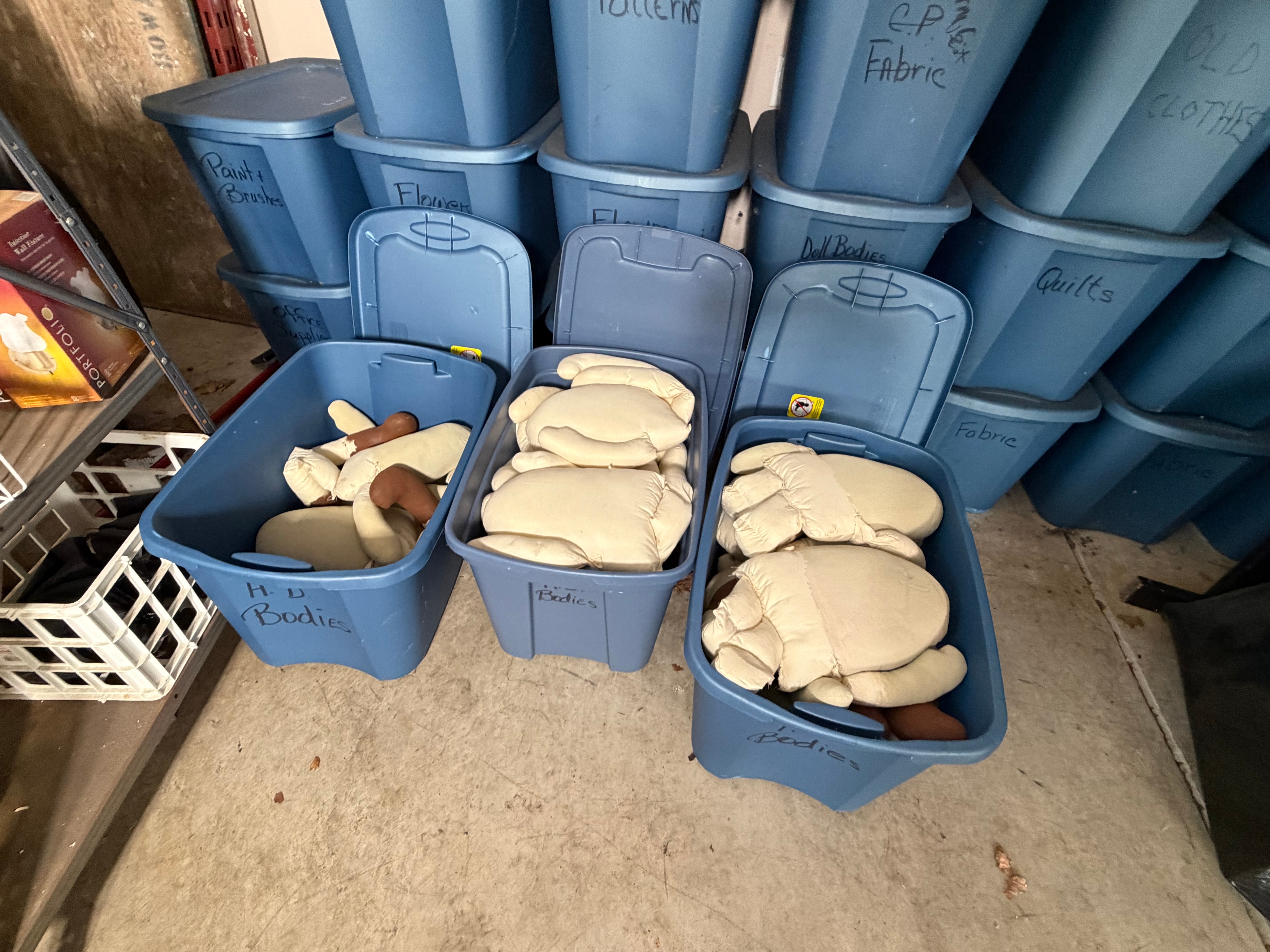 CONTENTS LOT: An Assortment of Crafting Supplies, Doll Making Components, Vintage Textiles, and Household Goods