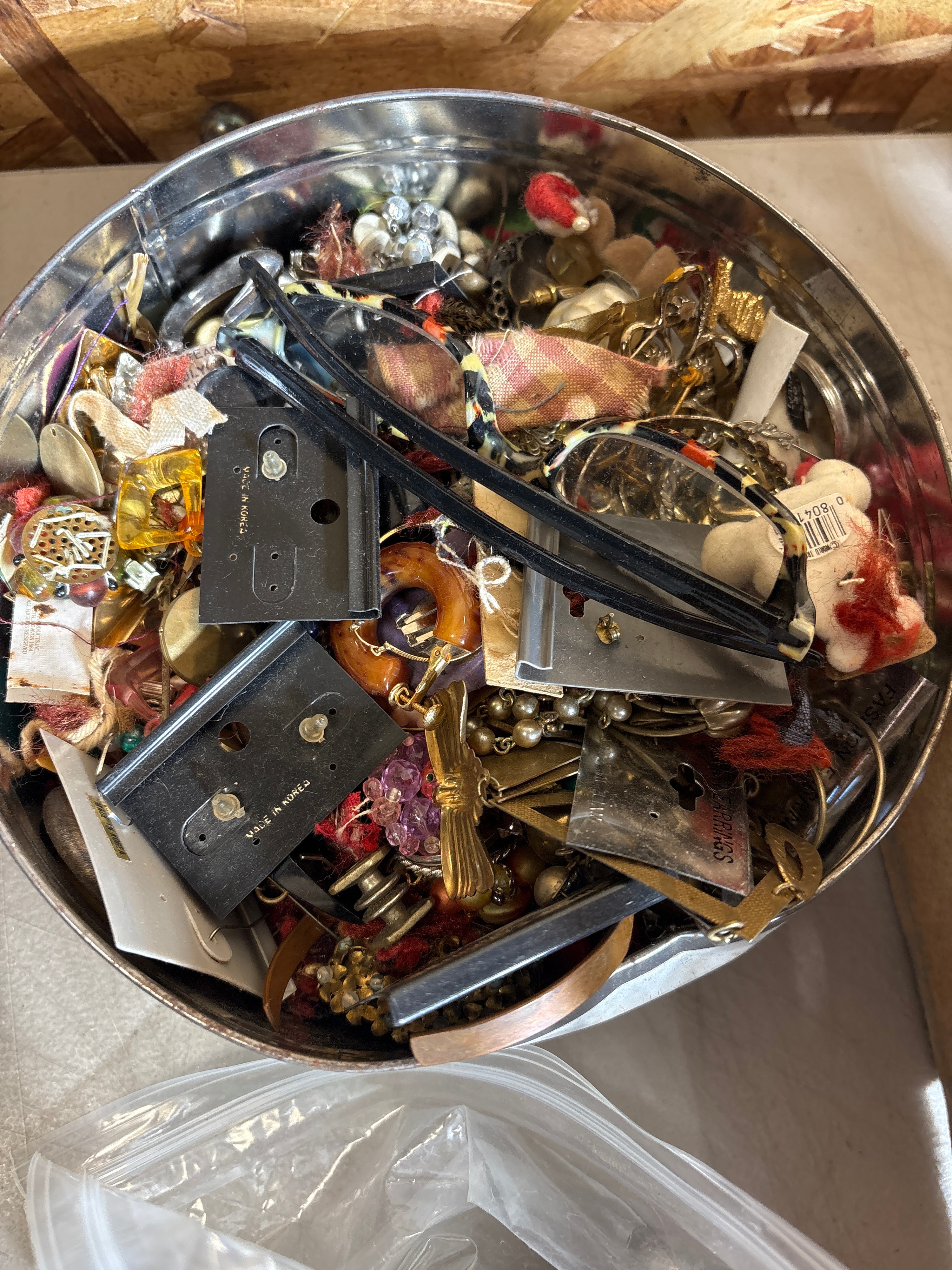 An Assortment of Vintage Costume Jewelry, Sewing Notions, Buttons, and Hardware