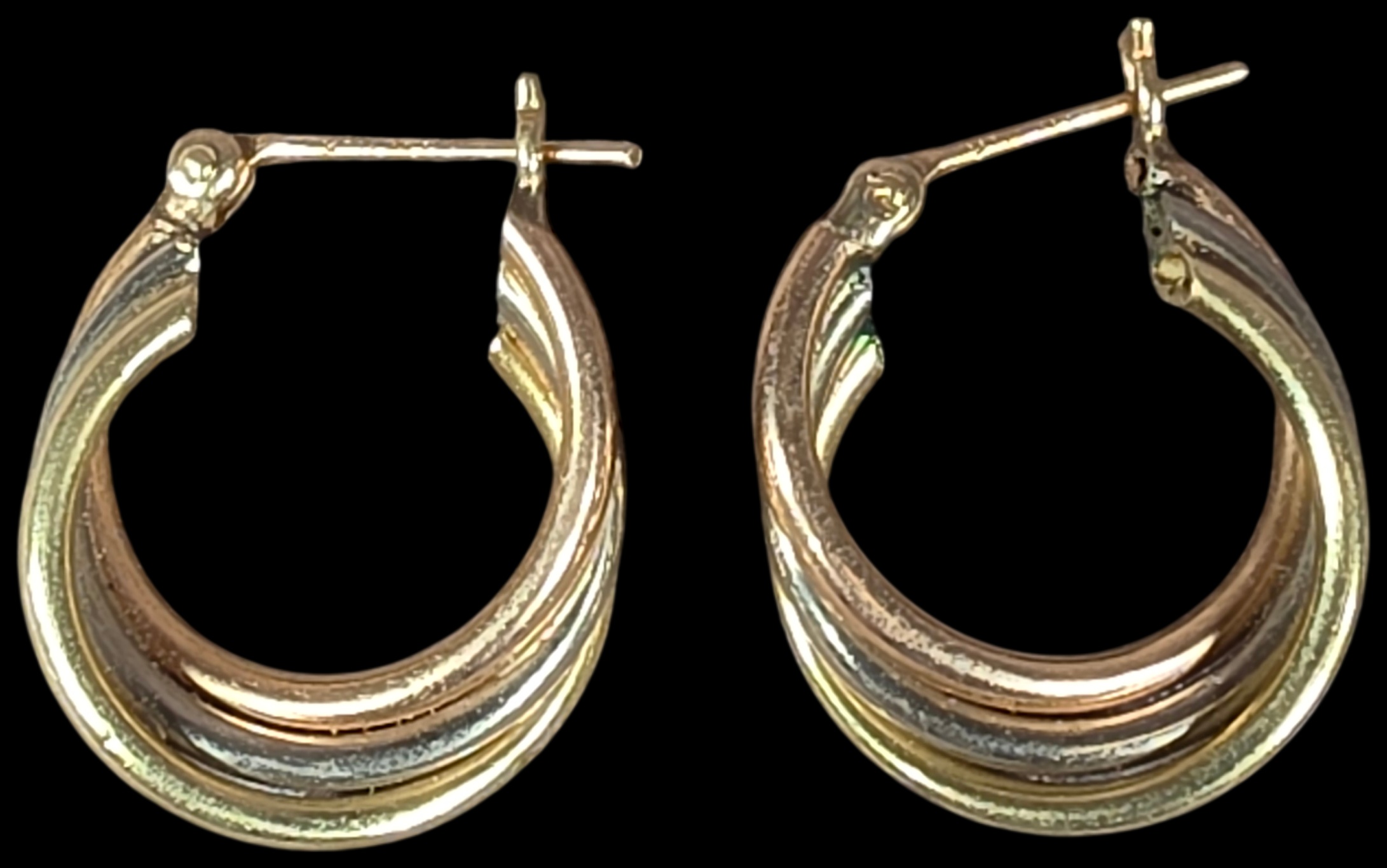 A Pair of Tri-color 14 Karat Gold Triple Hoop Earrings