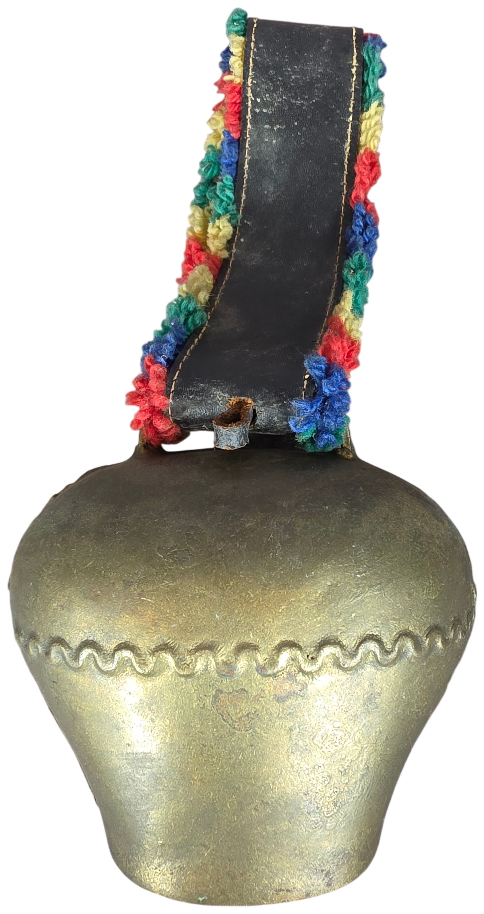 Large Hand Hammered Alpine Cowbell with Fringed Leather Collar